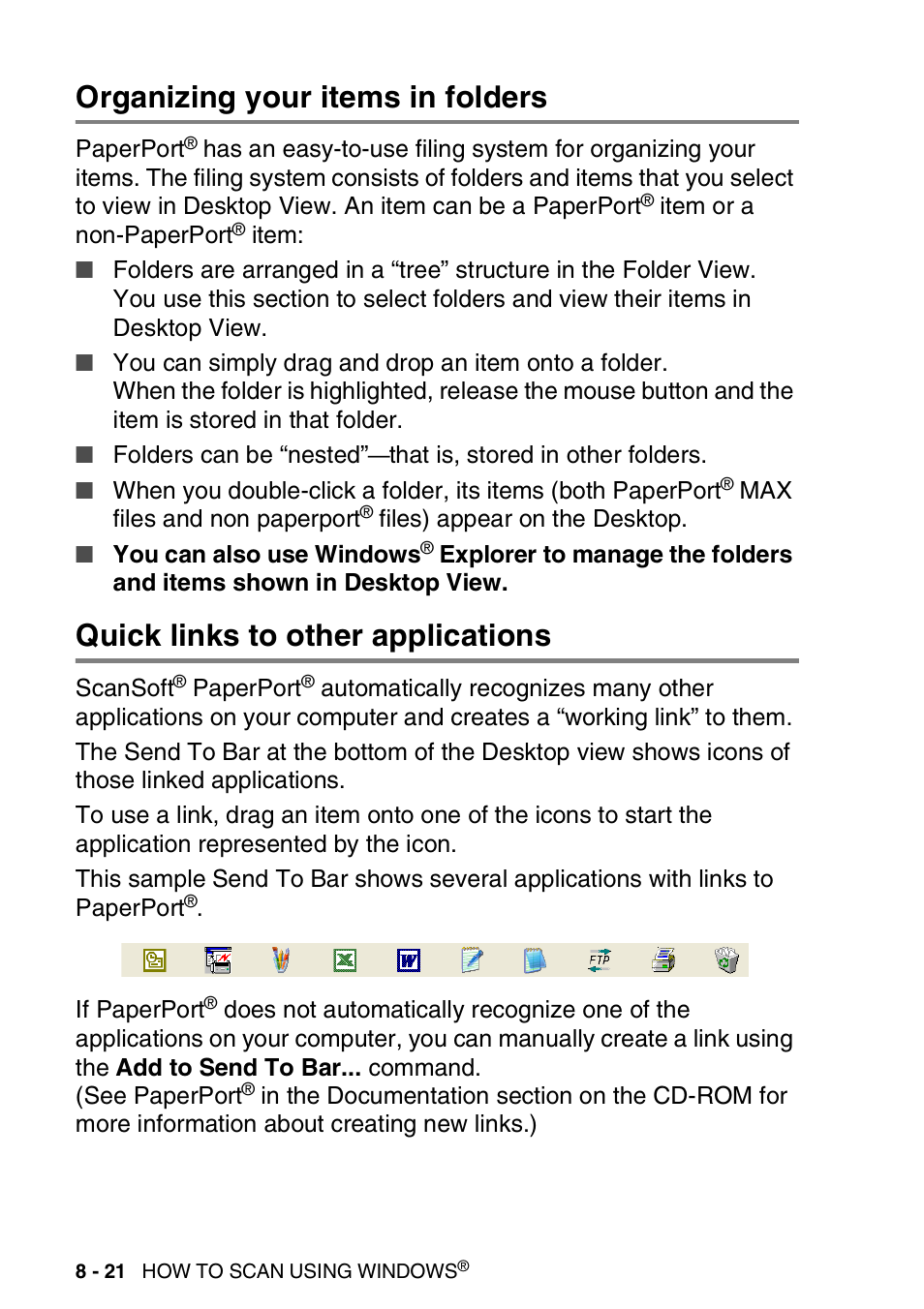 Organizing your items in folders, Quick links to other applications | Brother DCP-8025D User Manual | Page 137 / 284