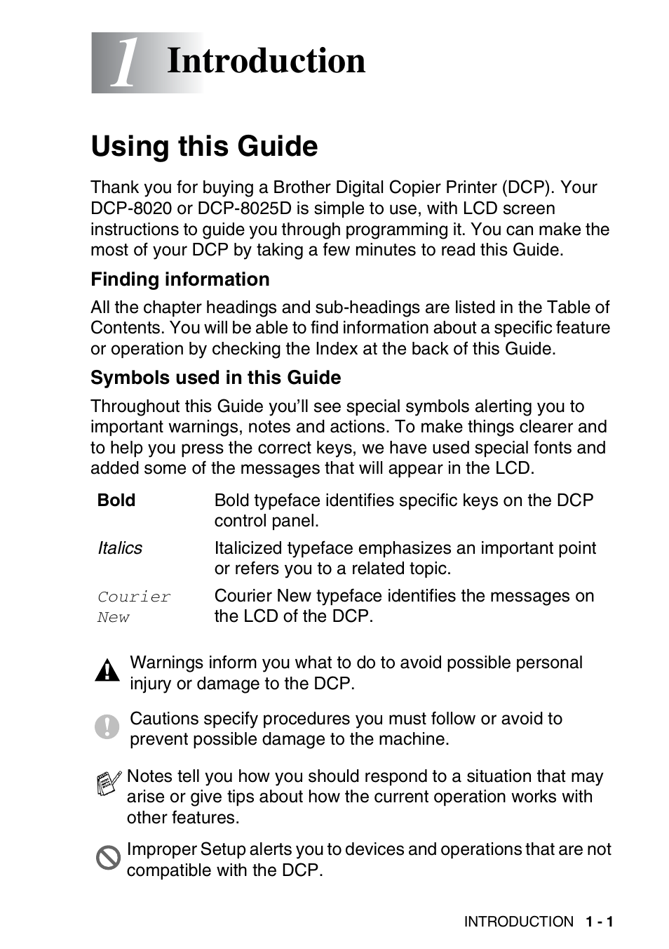 1 introduction, Using this guide, Finding information | Symbols used in this guide, Introduction -1, Using this guide -1, Introduction | Brother DCP-8025D User Manual | Page 14 / 284