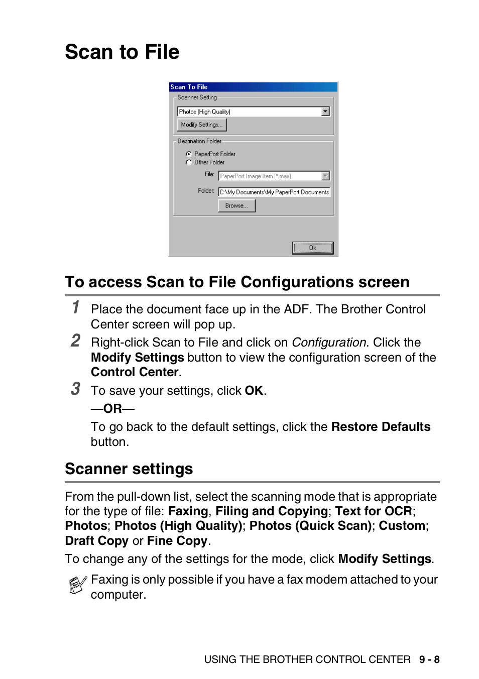 Scan to file, To access scan to file configurations screen, Scanner settings | Scan to file -8 | Brother DCP-8025D User Manual | Page 148 / 284