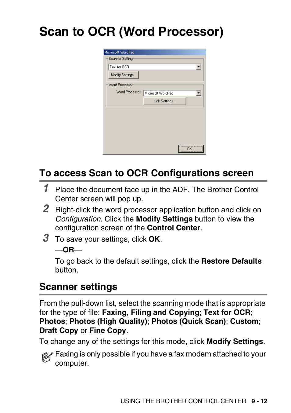 Scan to ocr (word processor), To access scan to ocr configurations screen, Scanner settings | Scan to ocr (word processor) -12, See scan to ocr (word | Brother DCP-8025D User Manual | Page 152 / 284