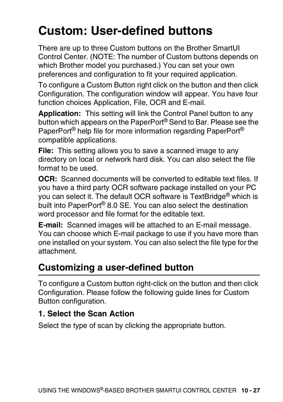 Custom: user-defined buttons, Customizing a user-defined button, Select the scan action | Custom: user-defined buttons -27, Customizing a user-defined button -27, Select the scan action -27 | Brother DCP-8025D User Manual | Page 184 / 284