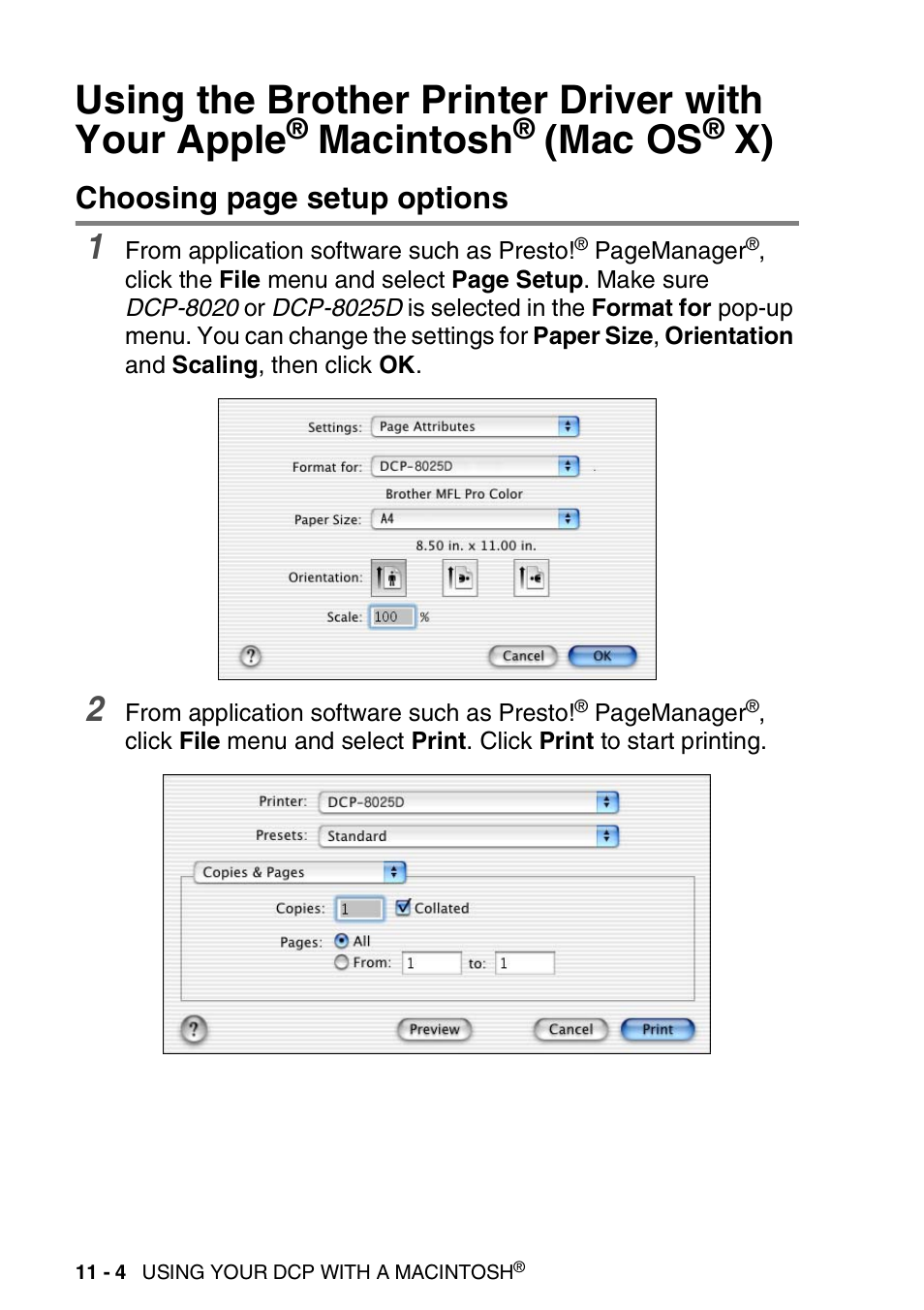 Using the brother printer driver with your apple, Macintosh, Mac os | X) -4, Choosing page setup options | Brother DCP-8025D User Manual | Page 193 / 284