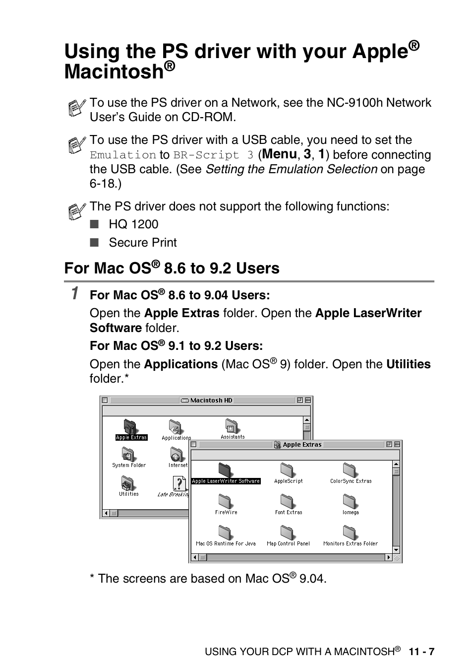 Using the ps driver with your apple® macintosh, For mac os® 8.6 to 9.2 users, Using the ps driver with your apple | Macintosh, For mac os, 6 to 9.2 users -7, 6 to 9.2 users | Brother DCP-8025D User Manual | Page 196 / 284