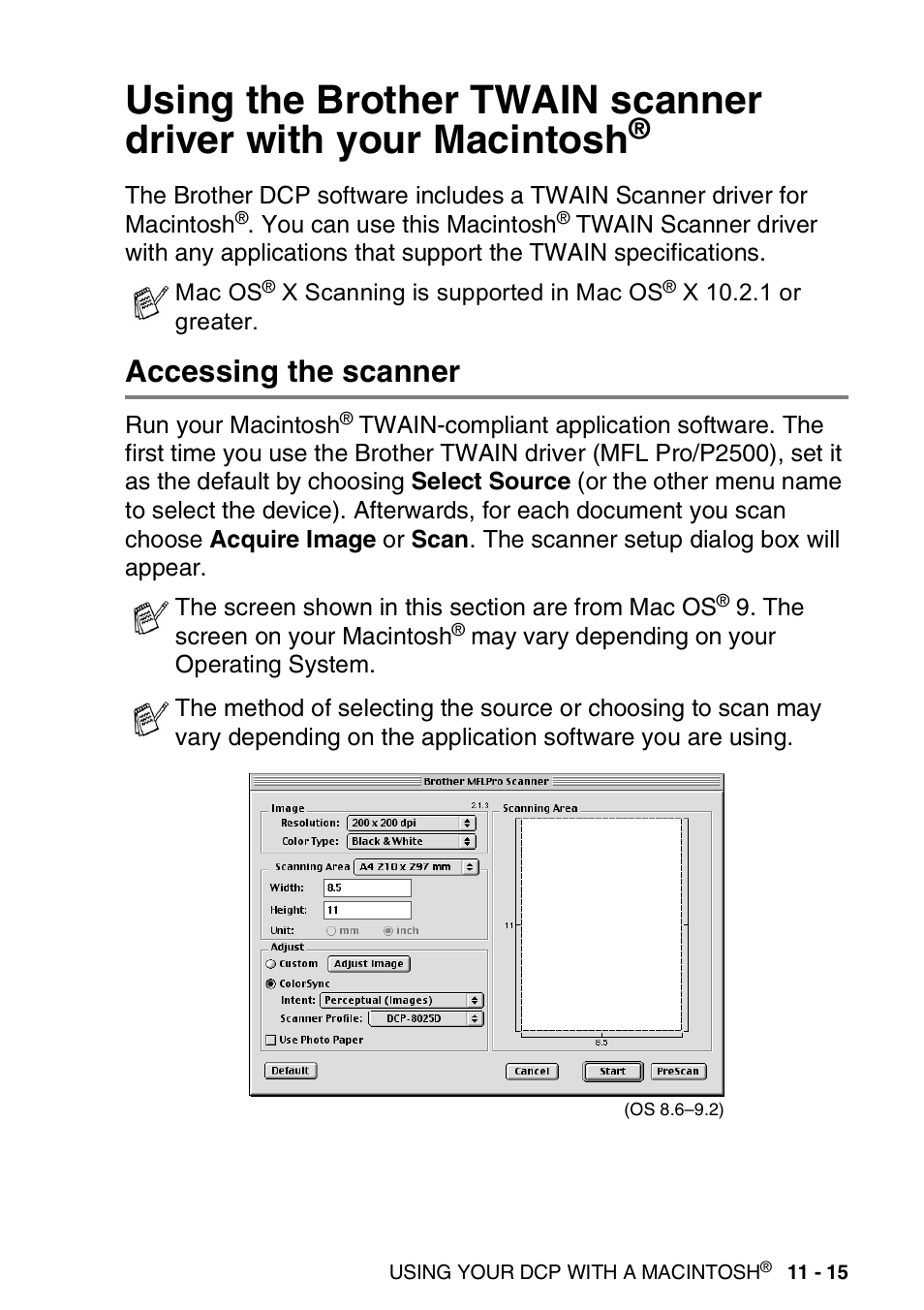 Accessing the scanner, Using the brother twain scanner driver with your, Macintosh | Accessing the scanner -15 | Brother DCP-8025D User Manual | Page 204 / 284