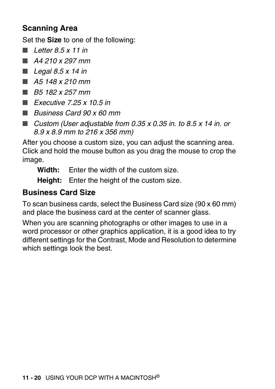 Scanning area, Business card size, Scanning area -20 business card size -20 | Brother DCP-8025D User Manual | Page 209 / 284