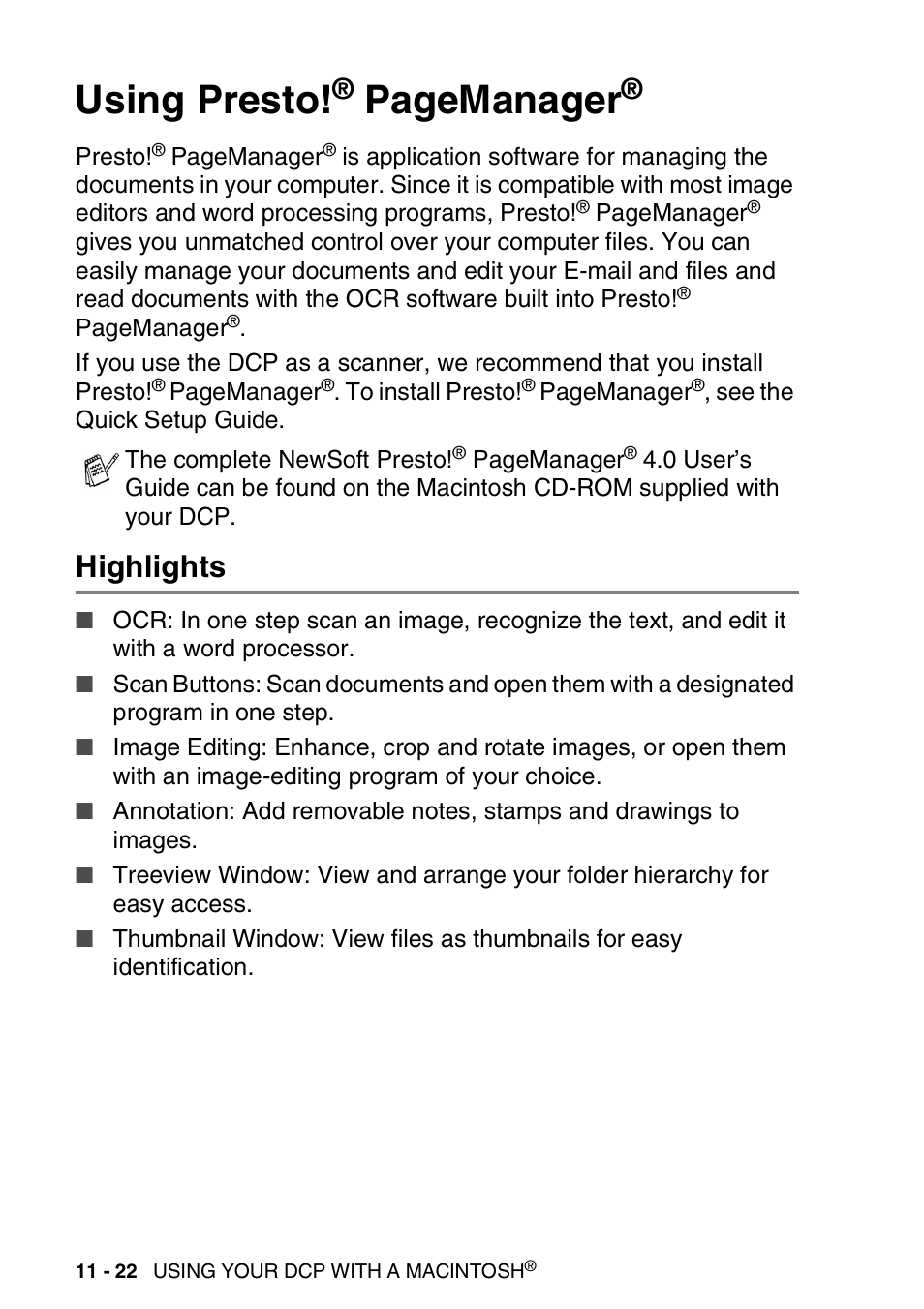 Highlights, Using presto, Highlights -22 | Pagemanager | Brother DCP-8025D User Manual | Page 211 / 284