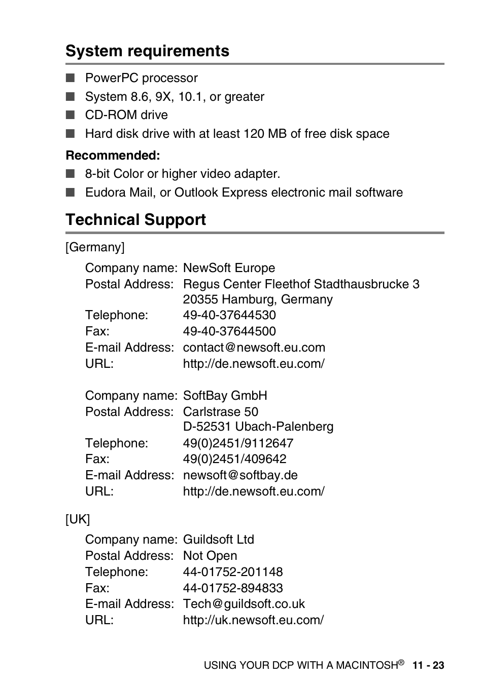 System requirements, Technical support, System requirements -23 technical support -23 | Brother DCP-8025D User Manual | Page 212 / 284