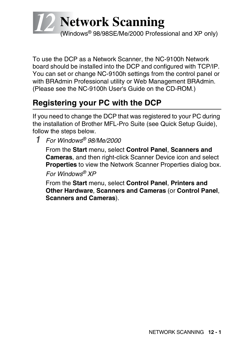 12 network scanning, Registering your pc with the dcp, Network scanning -1 | Registering your pc with the dcp -1, Network scanning | Brother DCP-8025D User Manual | Page 214 / 284
