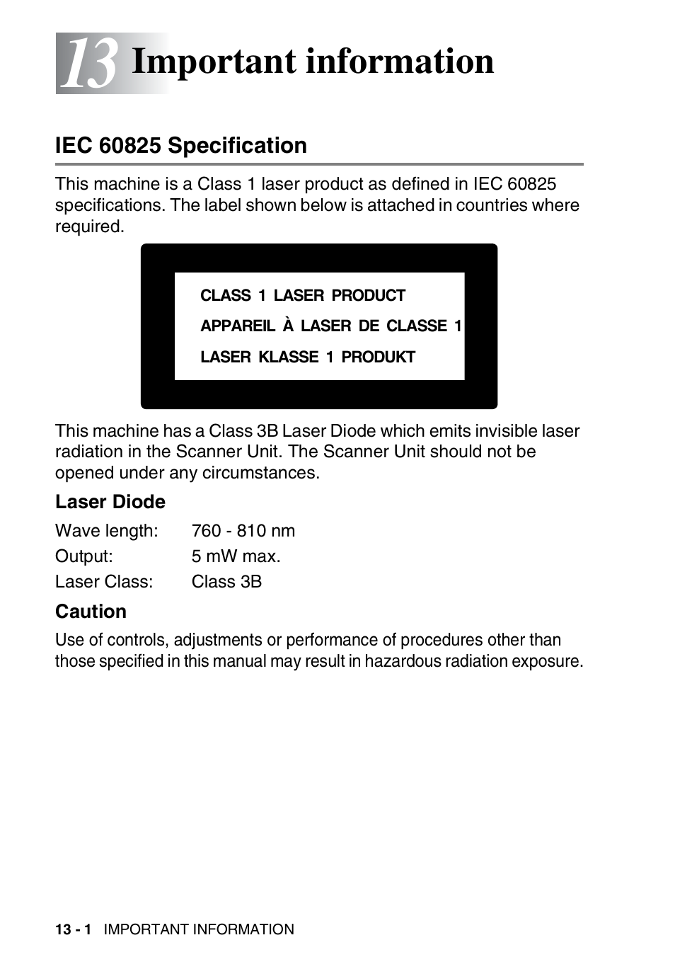13 important information, Iec 60825 specification, Laser diode | Caution, Important information -1, Iec 60825 specification -1, Laser diode -1 caution -1, Important information | Brother DCP-8025D User Manual | Page 223 / 284