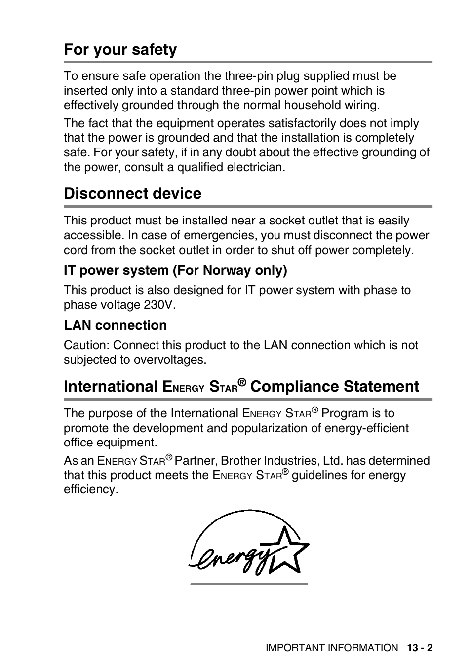 For your safety, Disconnect device, It power system (for norway only) | Lan connection, International energy star® compliance statement, For your safety -2 disconnect device -2, International energy star, Compliance statement -2, International e, Compliance statement | Brother DCP-8025D User Manual | Page 224 / 284