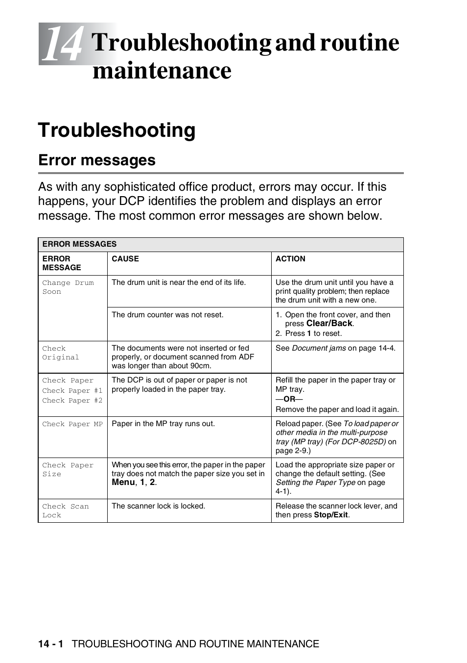 14 troubleshooting and routine maintenance, Troubleshooting, Error messages | Troubleshooting and routine maintenance -1, Troubleshooting -1, Error messages -1, Troubleshooting and routine maintenance | Brother DCP-8025D User Manual | Page 229 / 284