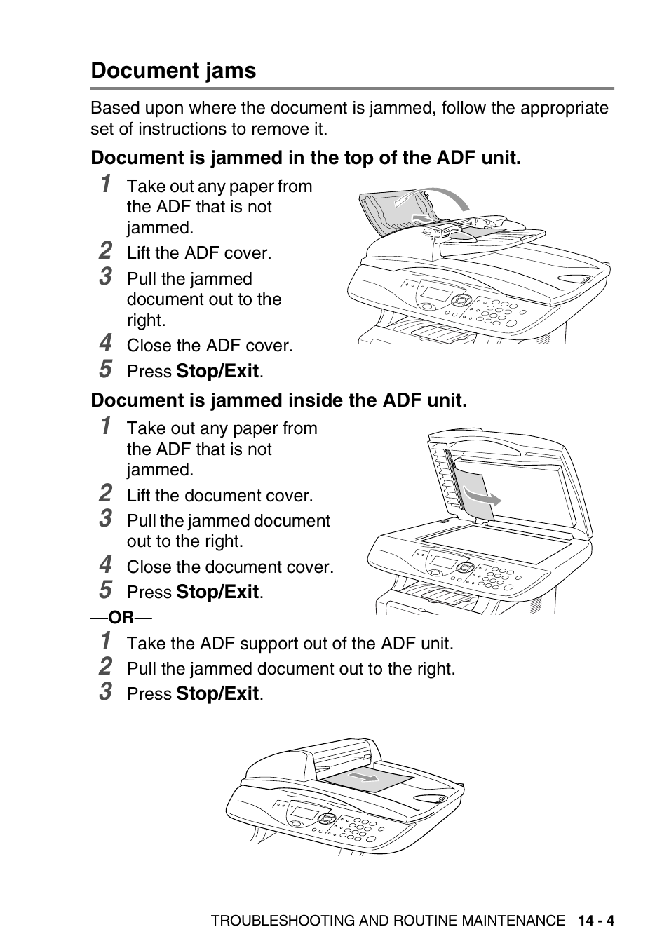 Document jams, Document is jammed in the top of the adf unit, Document is jammed inside the adf unit | Document jams -4 | Brother DCP-8025D User Manual | Page 232 / 284