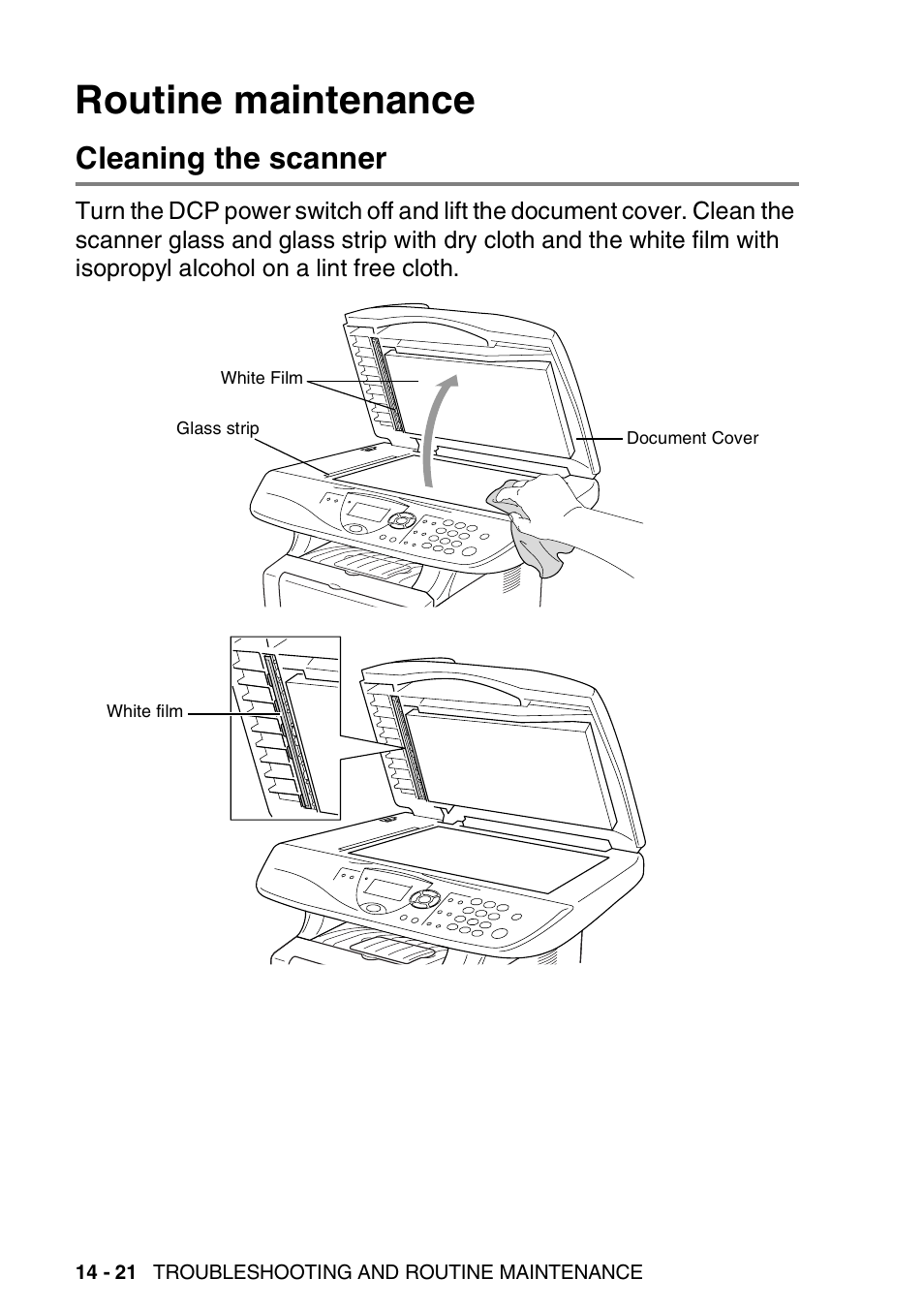 Routine maintenance, Cleaning the scanner, Routine maintenance -21 | Cleaning the scanner -21 | Brother DCP-8025D User Manual | Page 249 / 284
