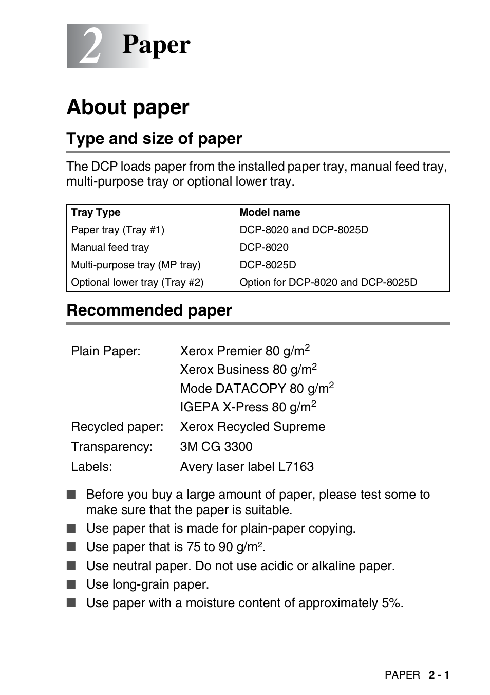 2 paper, About paper, Type and size of paper | Recommended paper, Paper -1, About paper -1, Type and size of paper -1 recommended paper -1, Paper | Brother DCP-8025D User Manual | Page 26 / 284