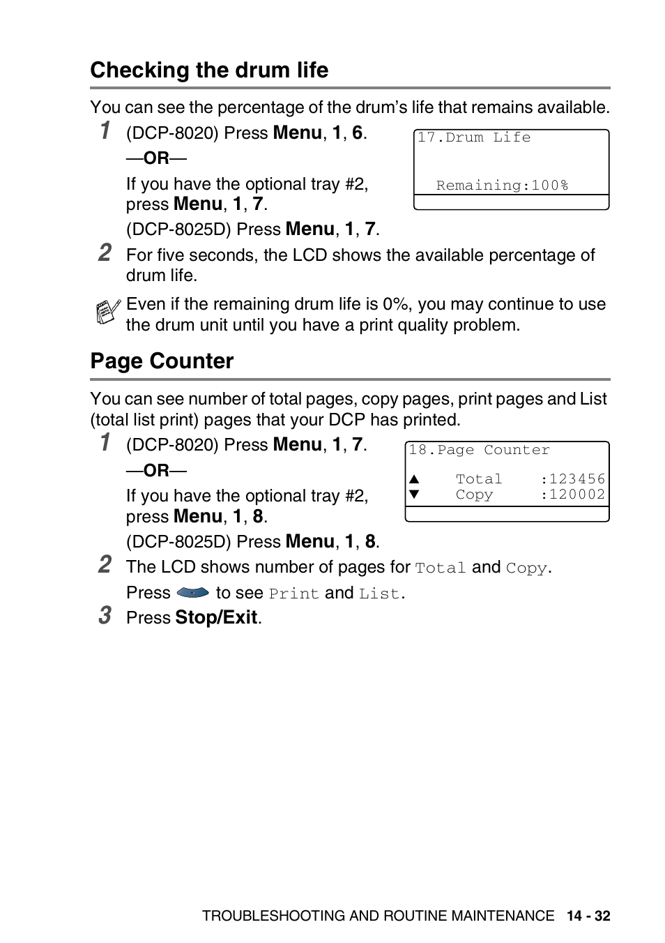 Checking the drum life, Page counter | Brother DCP-8025D User Manual | Page 260 / 284