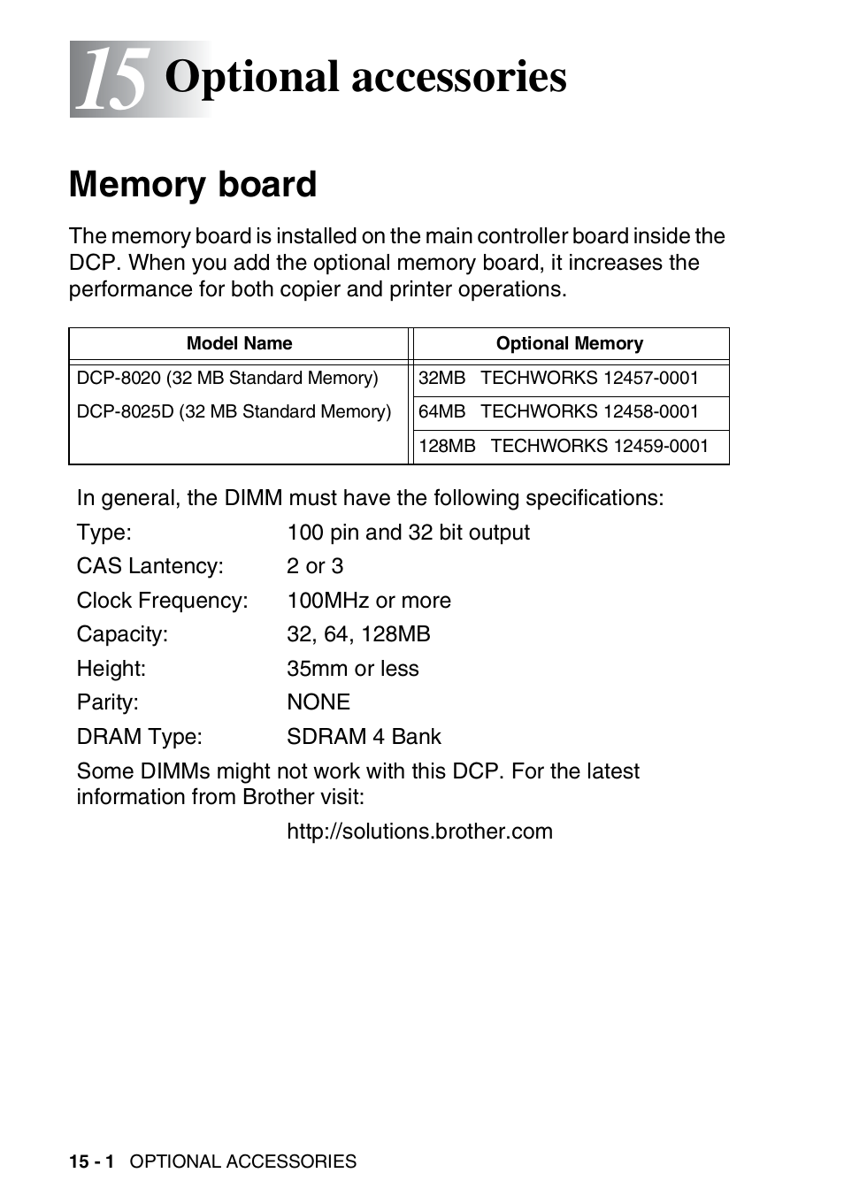 15 optional accessories, Memory board, Optional accessories -1 | Memory board -1, Optional accessories | Brother DCP-8025D User Manual | Page 261 / 284