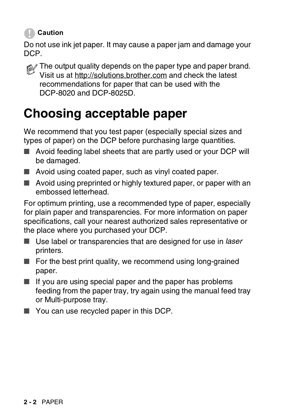 Choosing acceptable paper, Choosing acceptable paper -2 | Brother DCP-8025D User Manual | Page 27 / 284