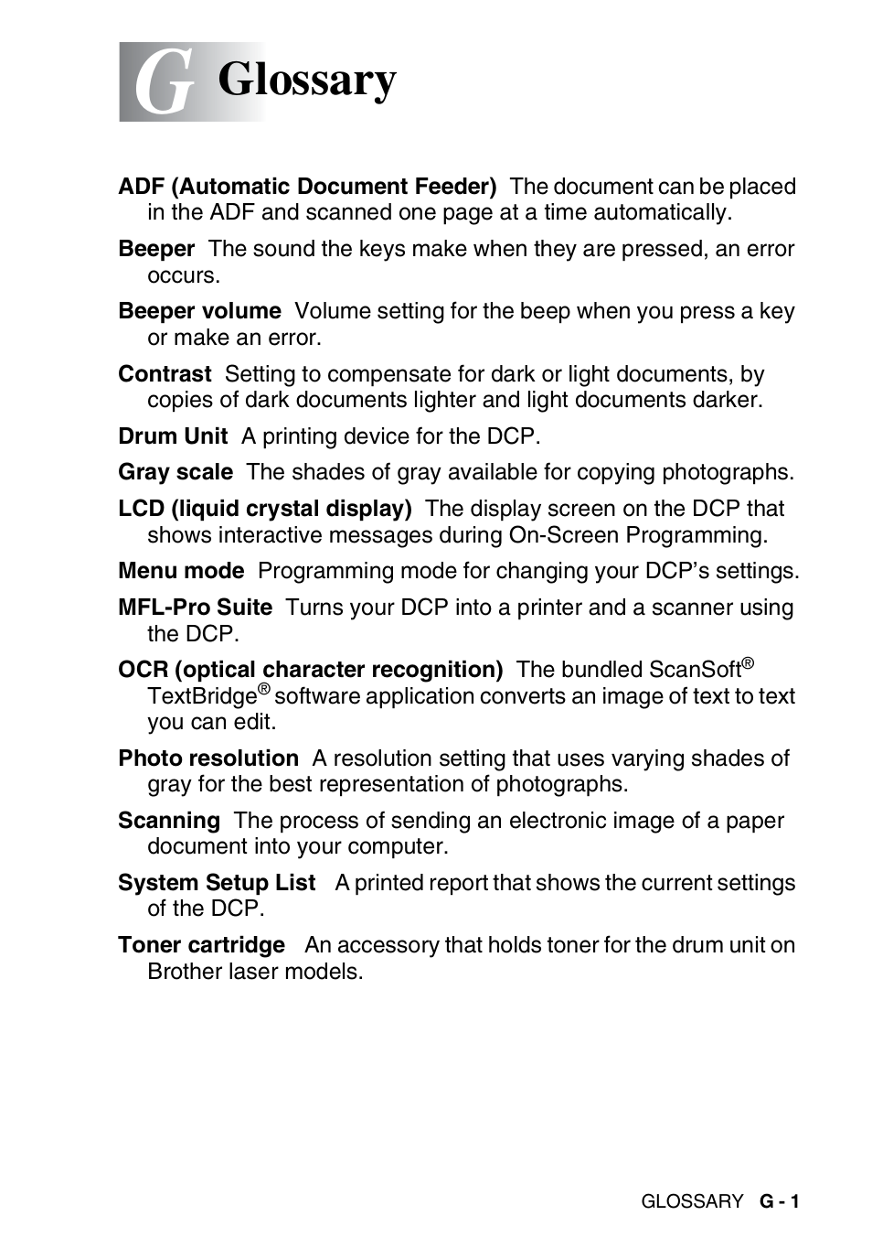 Glossary | Brother DCP-8025D User Manual | Page 272 / 284