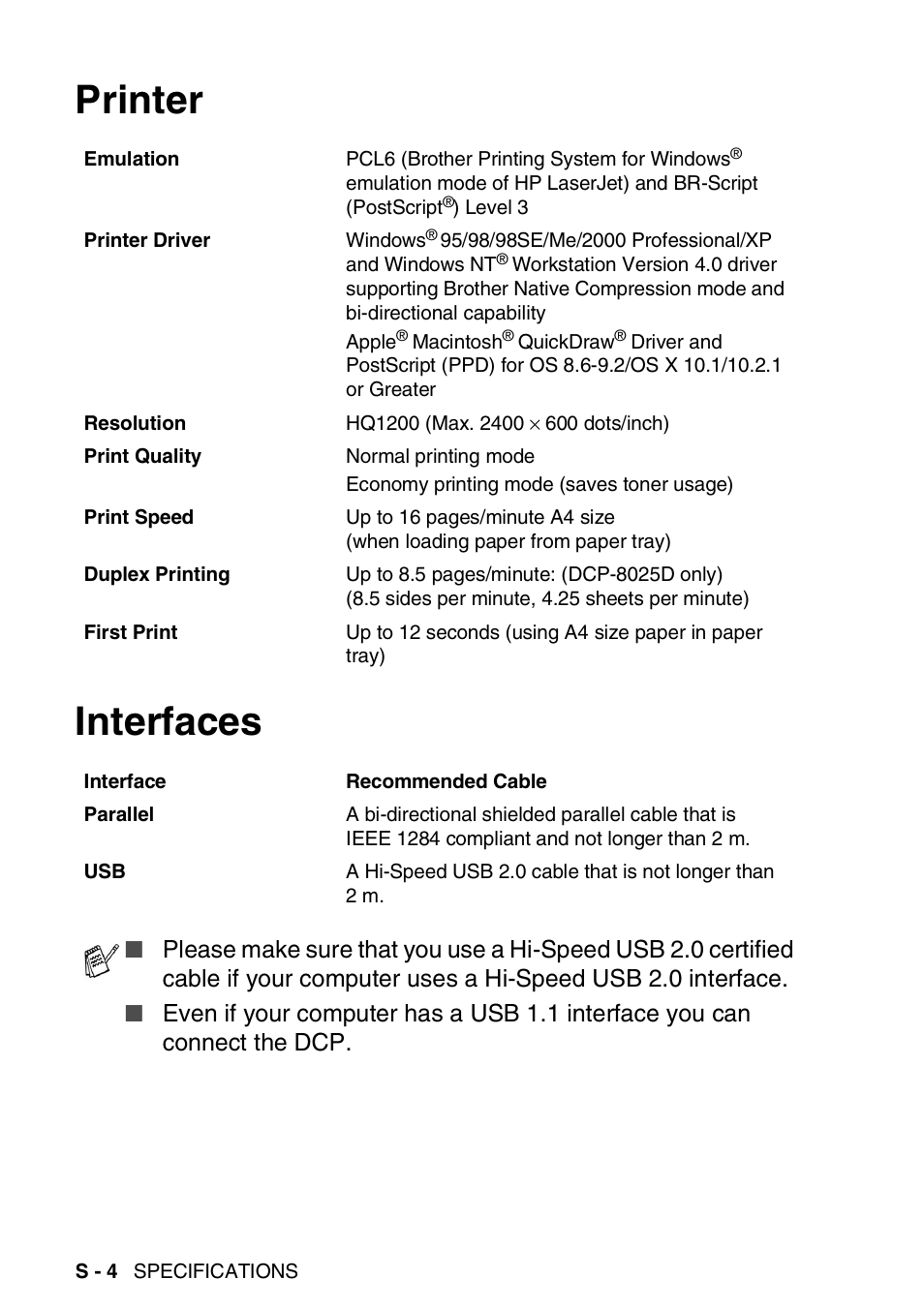 Printer, Interfaces, Printer interfaces | Brother DCP-8025D User Manual | Page 277 / 284
