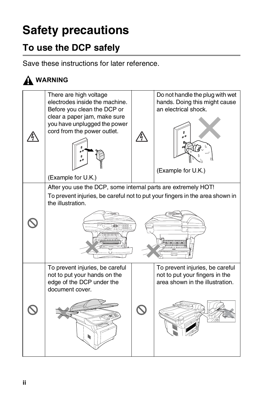 Safety precautions, To use the dcp safely | Brother DCP-8025D User Manual | Page 3 / 284