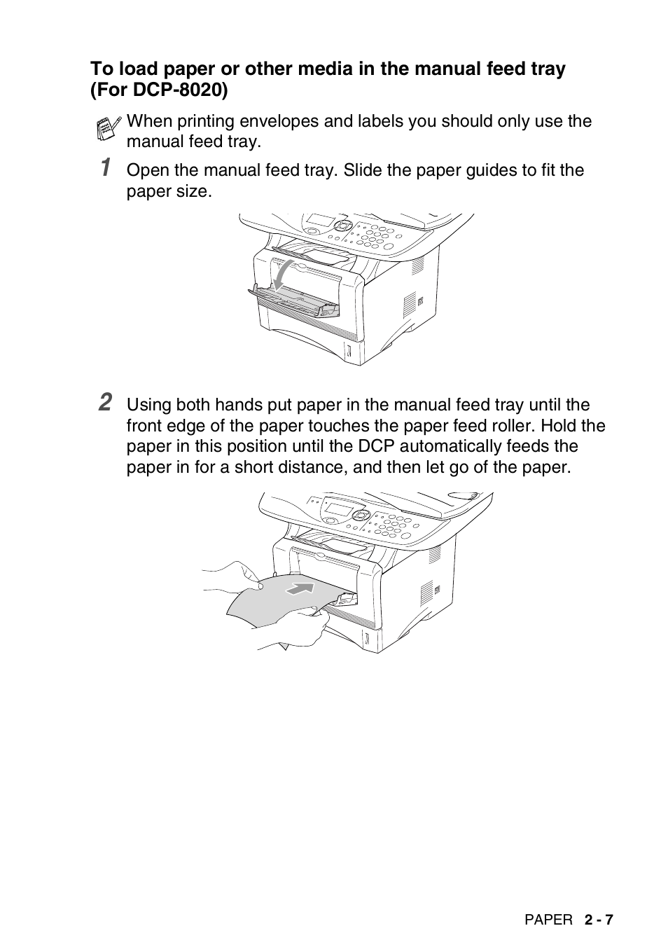 To load paper or other media in the manual feed, Tray (for dcp-8020) -7 | Brother DCP-8025D User Manual | Page 32 / 284