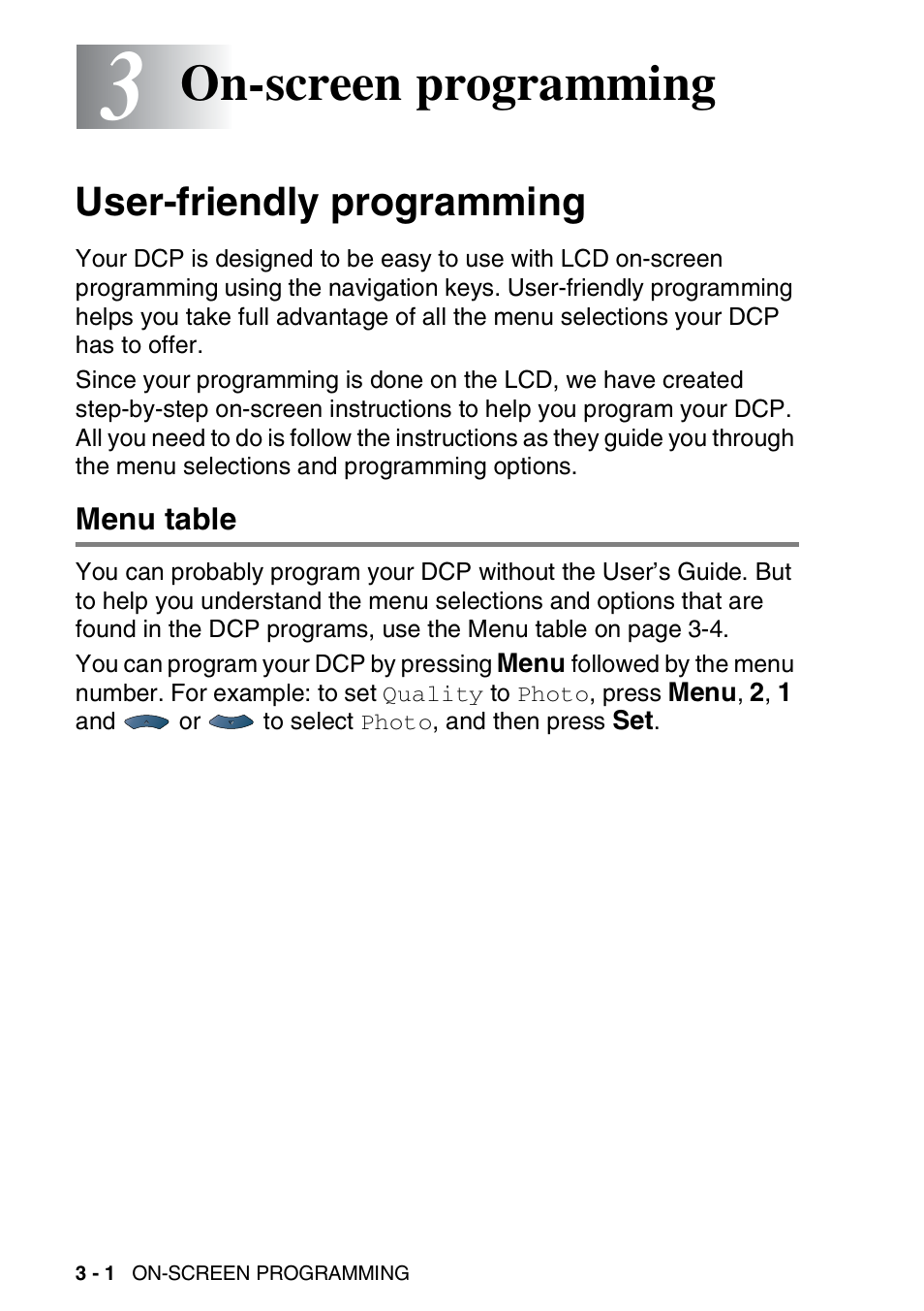 3 on-screen programming, User-friendly programming, Menu table | On-screen programming -1, User-friendly programming -1, Menu table -1, On-screen programming | Brother DCP-8025D User Manual | Page 37 / 284
