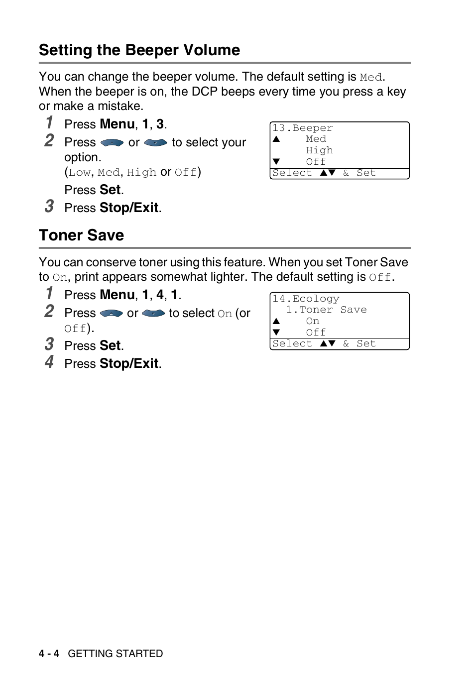 Setting the beeper volume, Toner save, Setting the beeper volume -4 toner save -4 | Brother DCP-8025D User Manual | Page 51 / 284