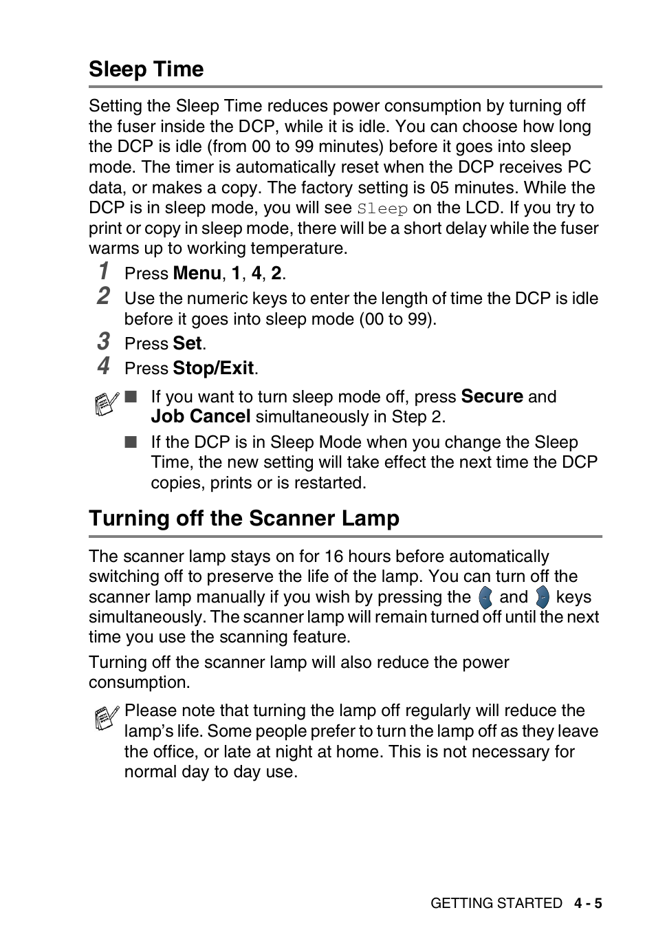 Sleep time, Turning off the scanner lamp, Sleep time -5 turning off the scanner lamp -5 | Brother DCP-8025D User Manual | Page 52 / 284