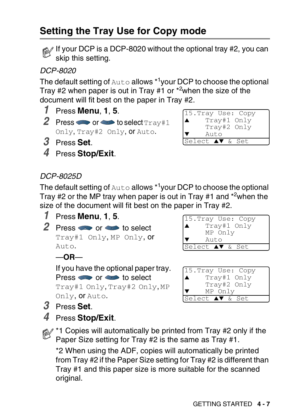 Setting the tray use for copy mode, Setting the tray use for copy mode -7 | Brother DCP-8025D User Manual | Page 54 / 284