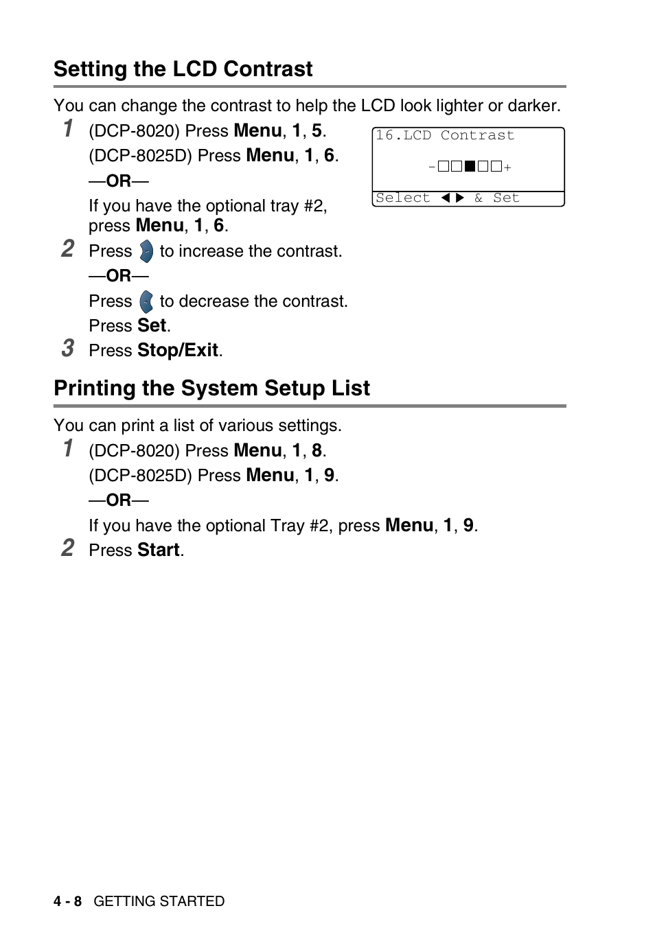 Setting the lcd contrast, Printing the system setup list | Brother DCP-8025D User Manual | Page 55 / 284