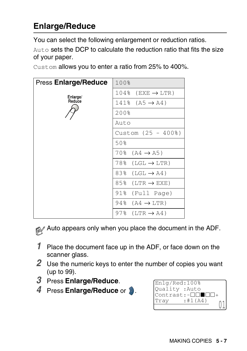 Enlarge/reduce, Enlarge/reduce -7 | Brother DCP-8025D User Manual | Page 62 / 284