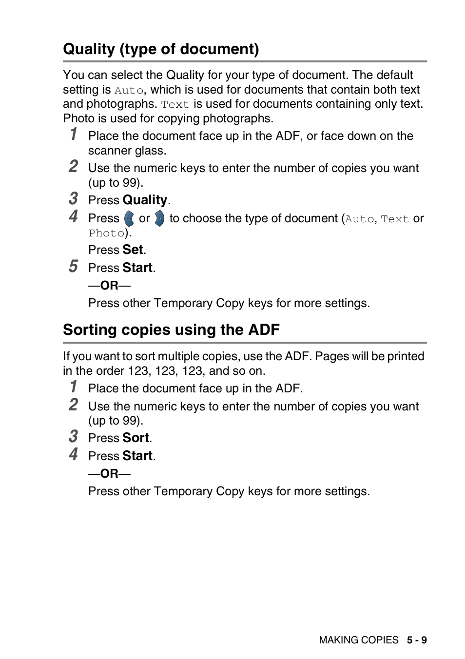 Quality (type of document), Sorting copies using the adf | Brother DCP-8025D User Manual | Page 64 / 284