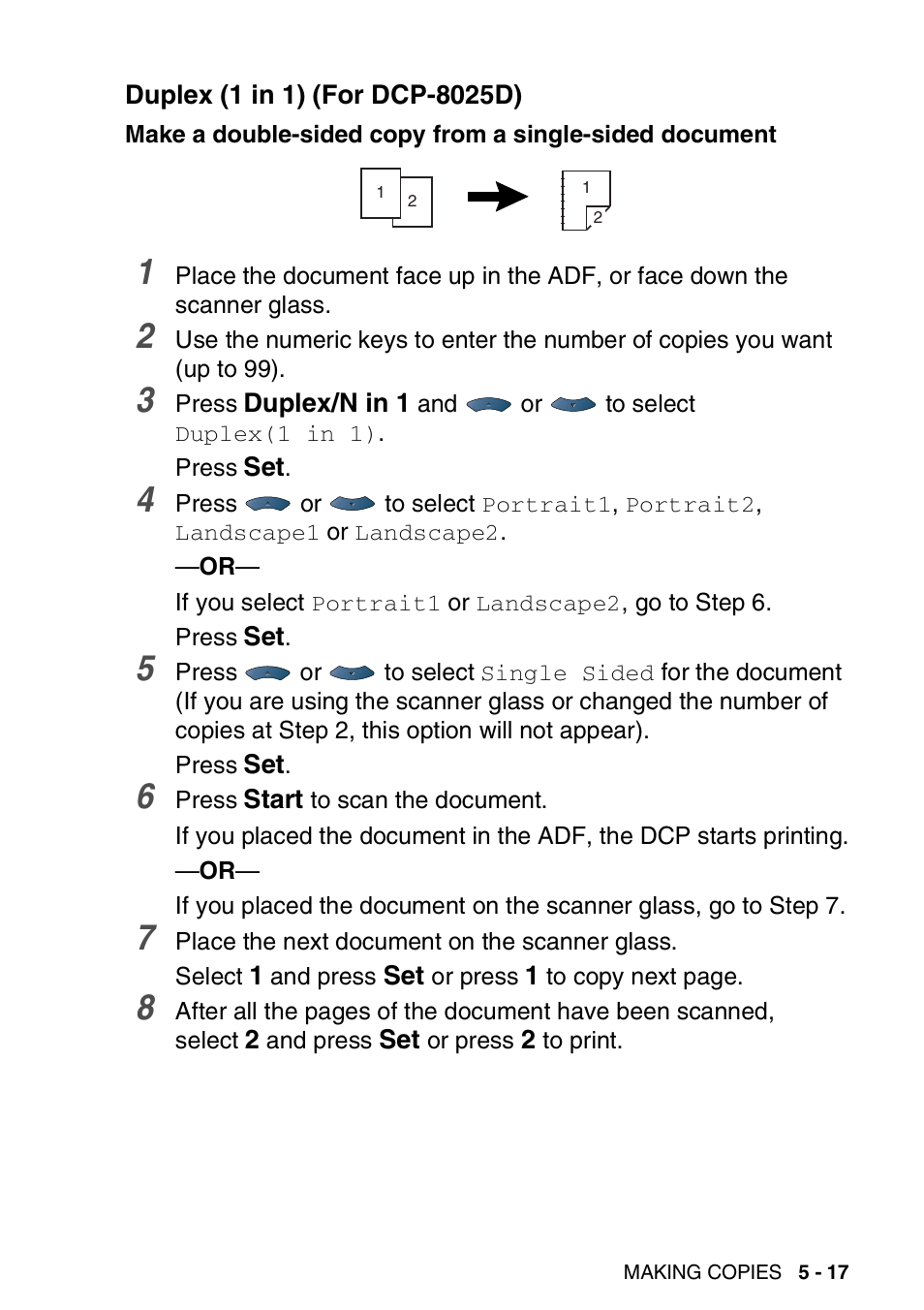 Duplex (1 in 1) (for dcp-8025d), Duplex (1 in 1) (for dcp-8025d) -17 | Brother DCP-8025D User Manual | Page 72 / 284