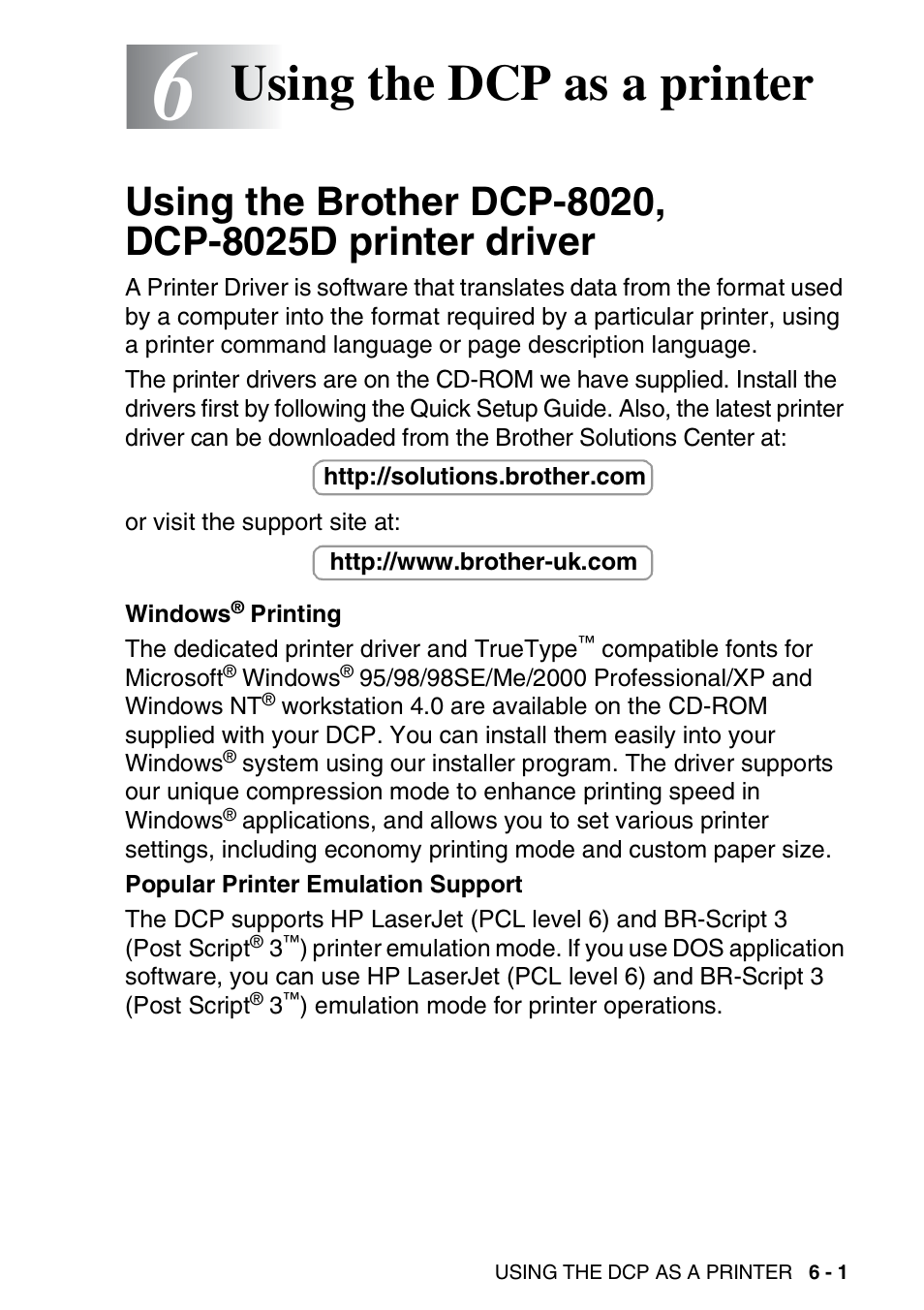 6 using the dcp as a printer, Using the dcp as a printer -1, Using the brother dcp-8020, dcp-8025d | Printer driver -1, Using the dcp as a printer | Brother DCP-8025D User Manual | Page 76 / 284