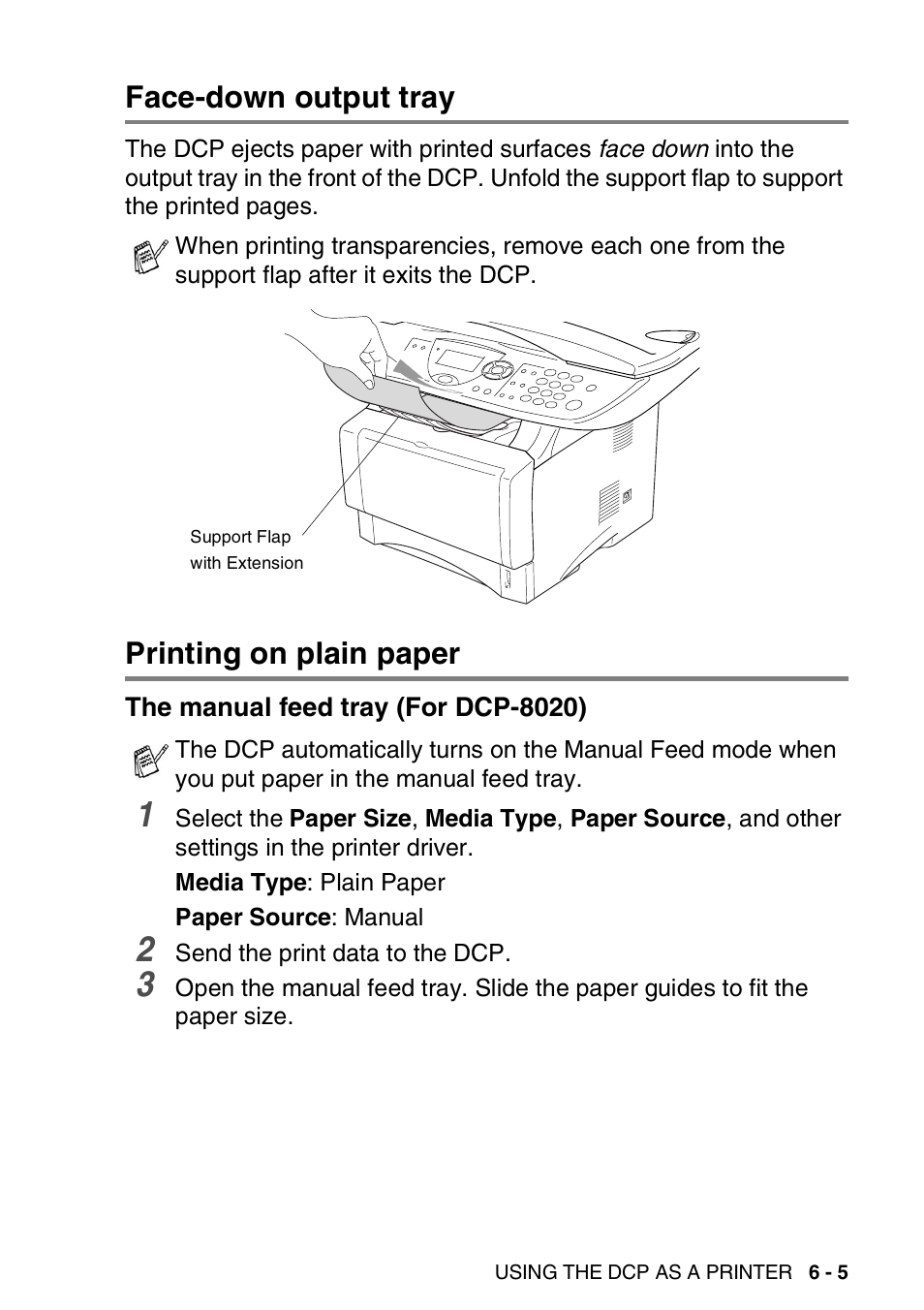 Face-down output tray, Printing on plain paper, The manual feed tray (for dcp-8020) | The manual feed tray (for dcp-8020) -5 | Brother DCP-8025D User Manual | Page 80 / 284