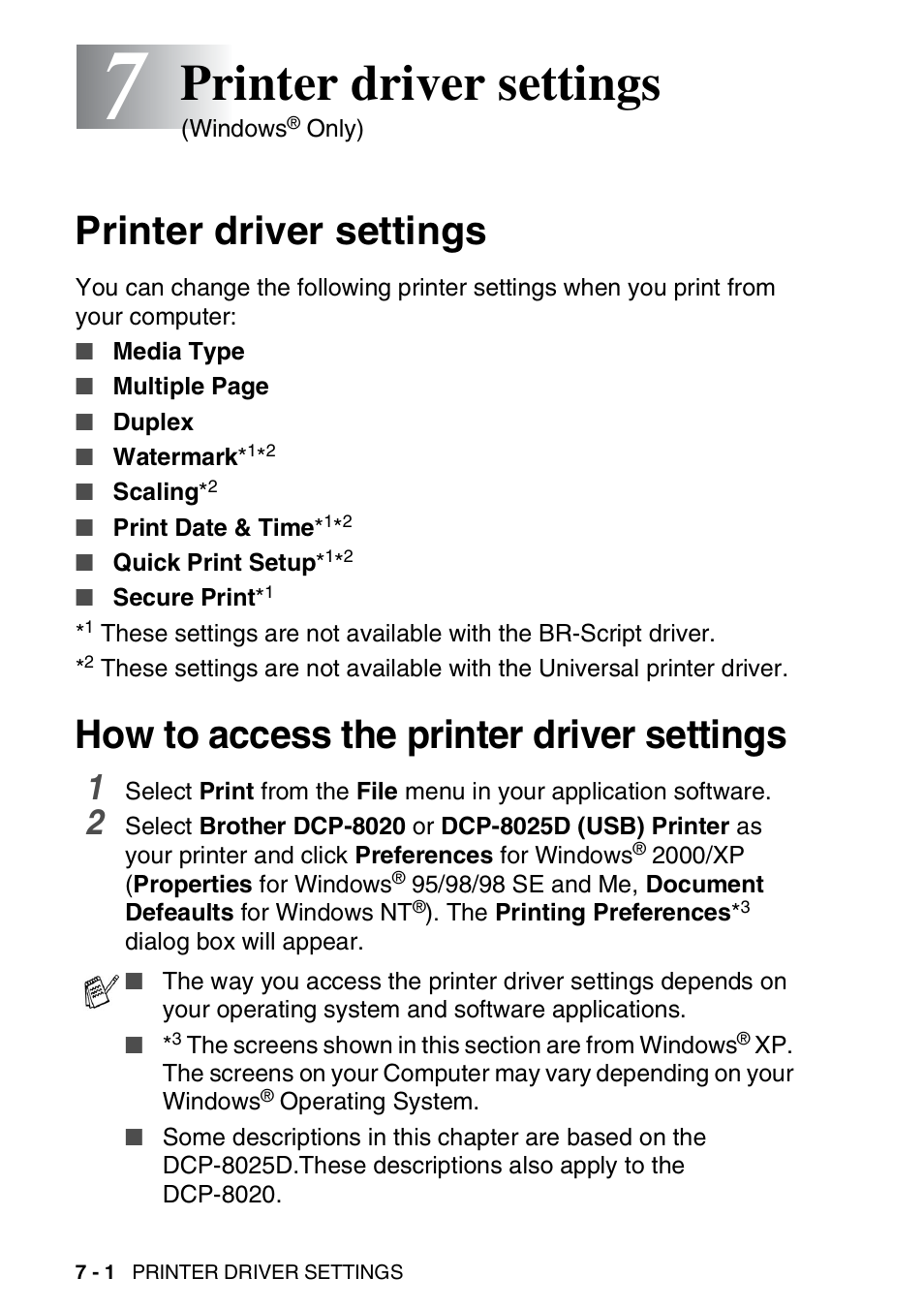 7 printer driver settings, Printer driver settings, How to access the printer driver settings | Printer driver settings -1 | Brother DCP-8025D User Manual | Page 95 / 284