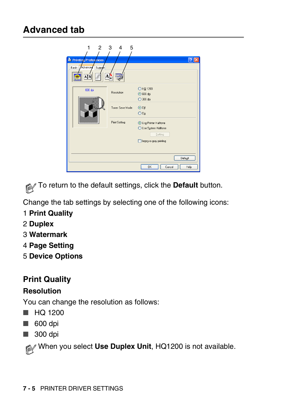 Advanced tab, Print quality, Advanced tab -5 | Print quality -5 | Brother DCP-8025D User Manual | Page 99 / 284