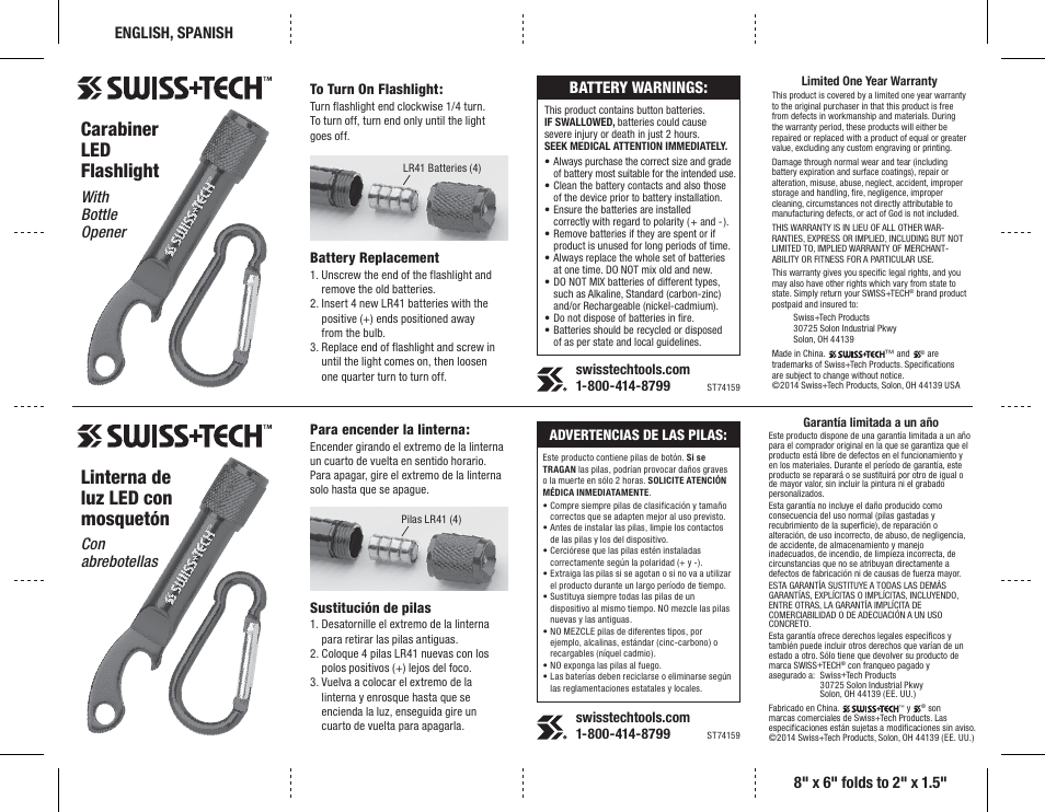 Swiss+Tech Carabiner Flashlight with Bottle Opener User Manual | 2 pages