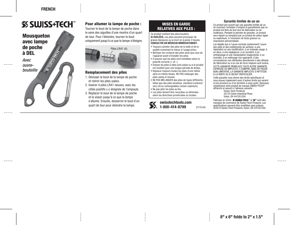 Mousqueton avec lampe de poche à del, Avec ouvre- bouteille, Pour allumer la lampe de poche | Swiss+Tech Carabiner Flashlight with Bottle Opener User Manual | Page 2 / 2