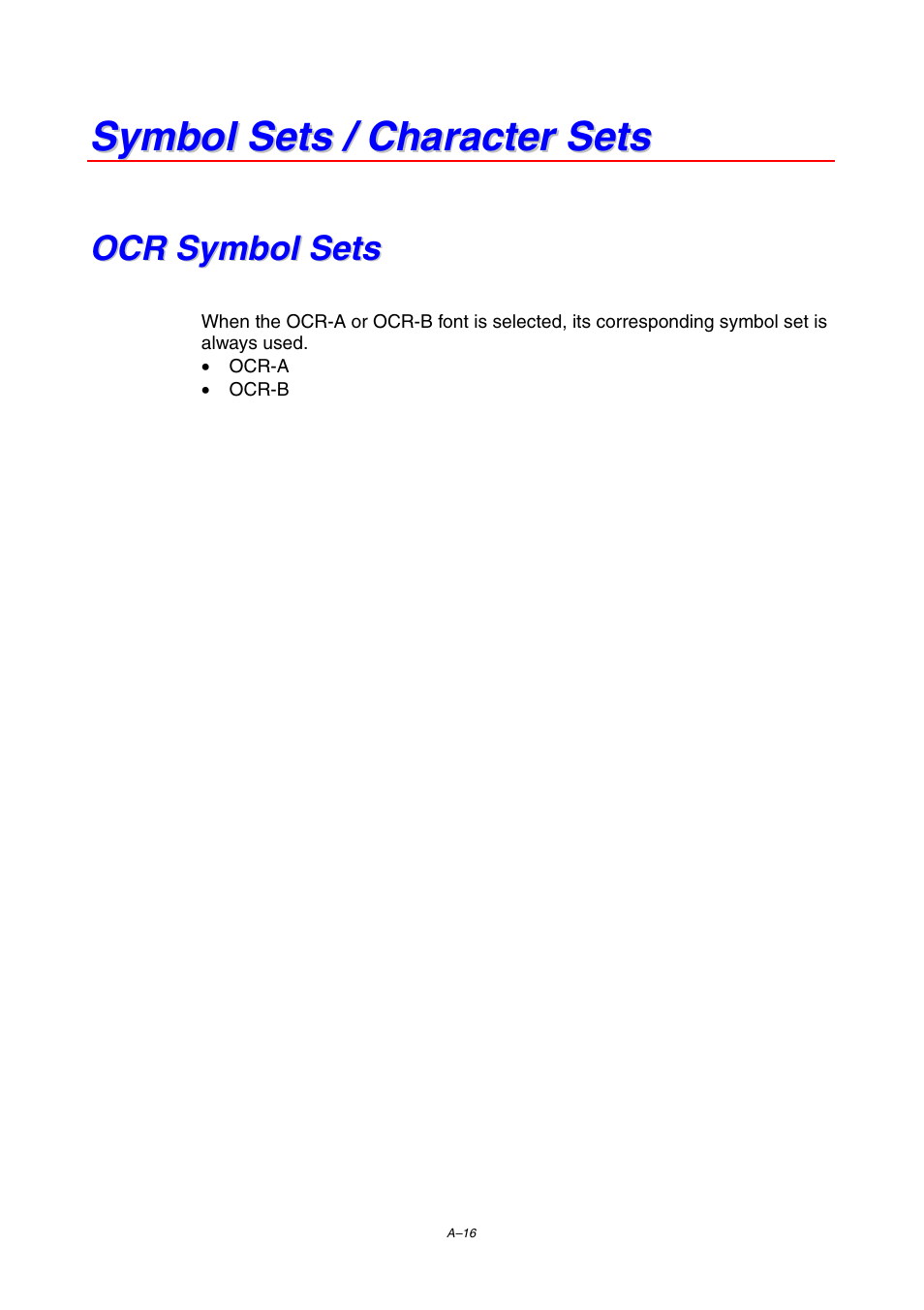 Symbol sets / character sets, Ocr symbol sets | Brother HL-1800 series User Manual | Page 186 / 204