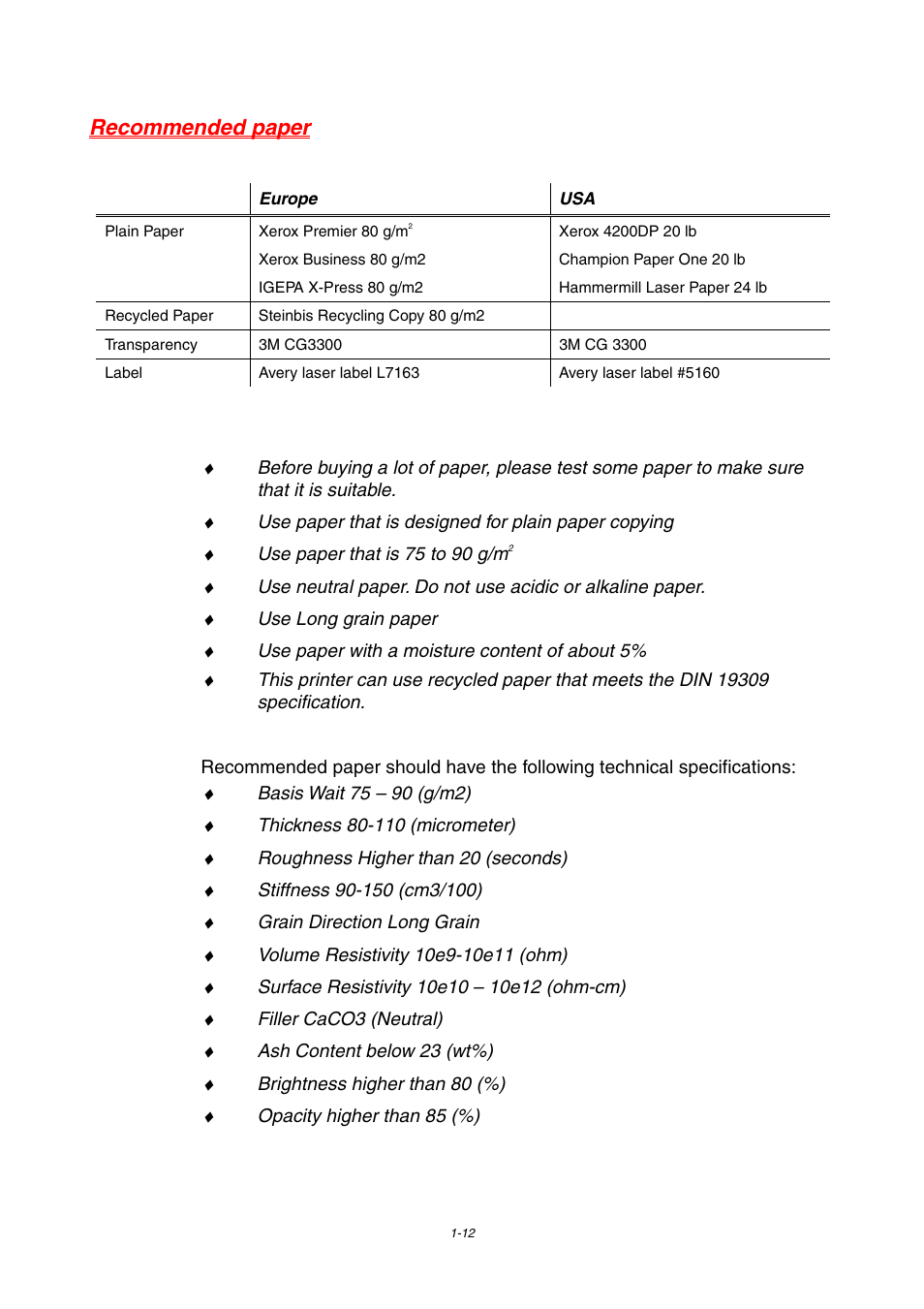 Recommended paper | Brother HL-1800 series User Manual | Page 22 / 204