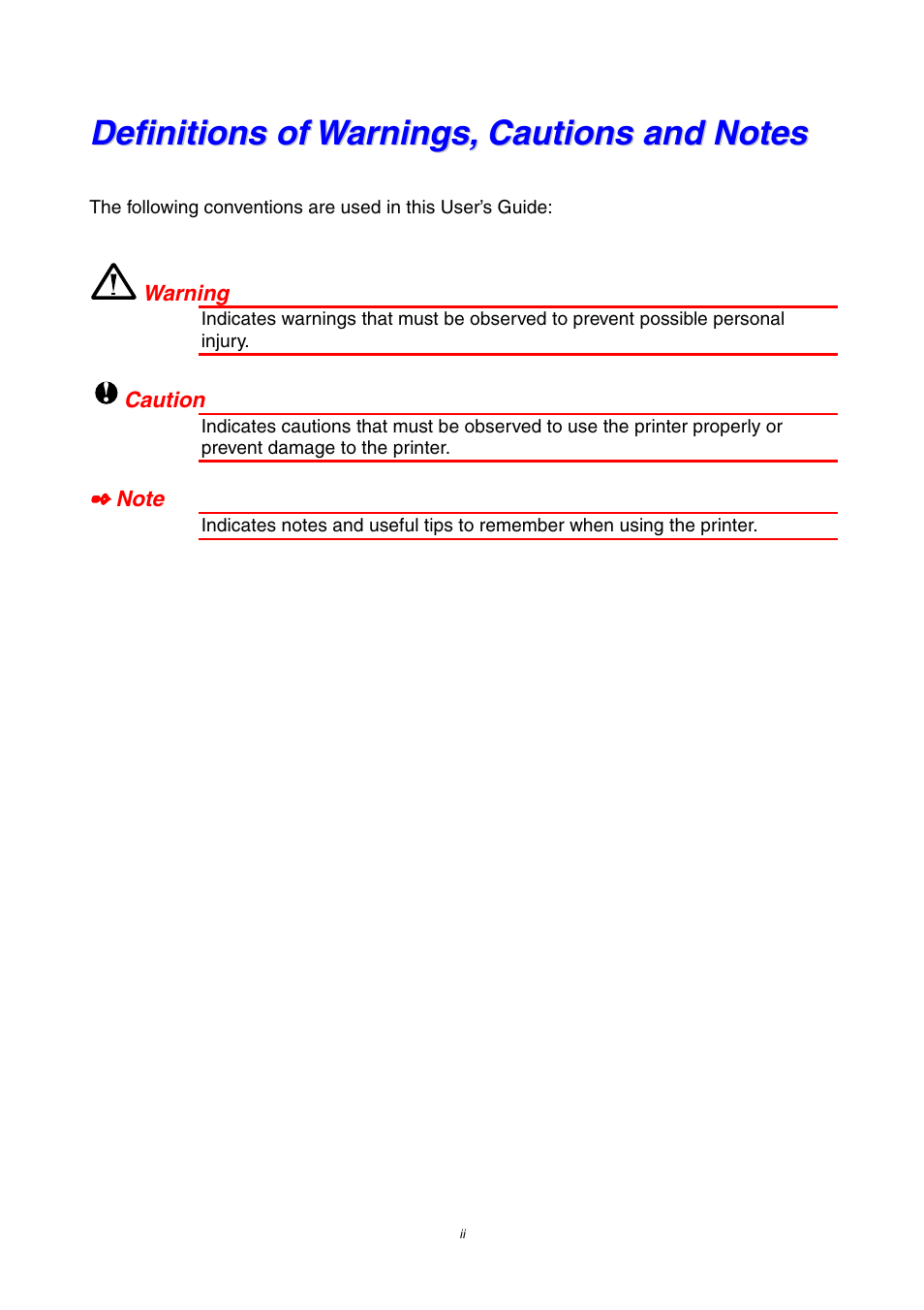 Definitions of warnings, cautions and notes | Brother HL-1800 series User Manual | Page 3 / 204