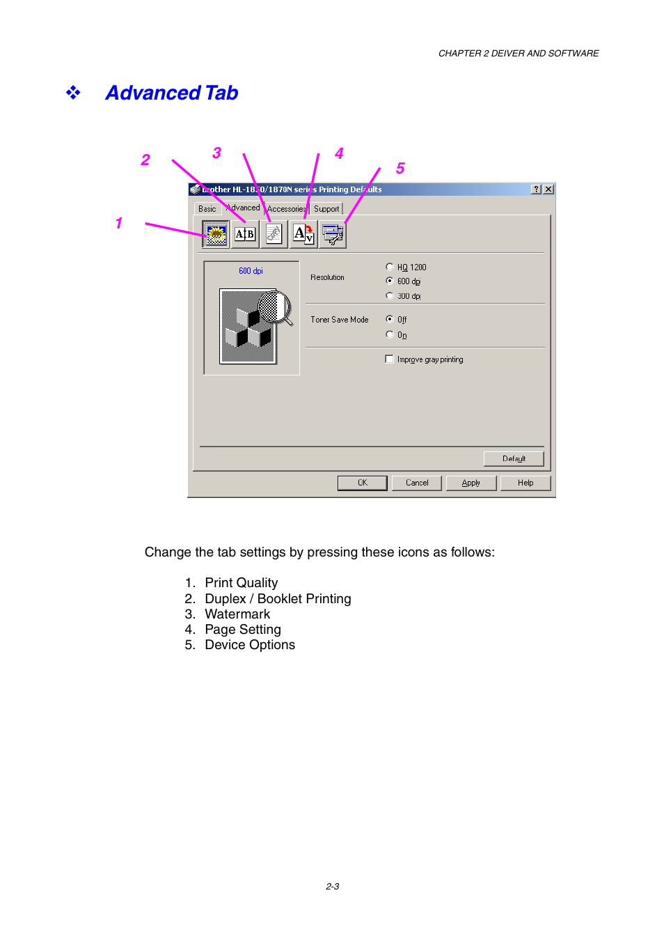 Advanced tab, Advanced tab -3 | Brother HL-1800 series User Manual | Page 49 / 204