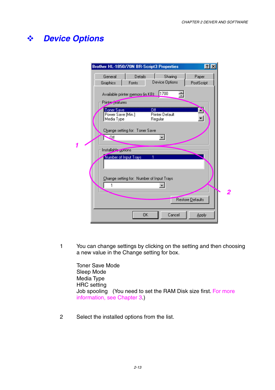 Device options, Device options -13 | Brother HL-1800 series User Manual | Page 59 / 204