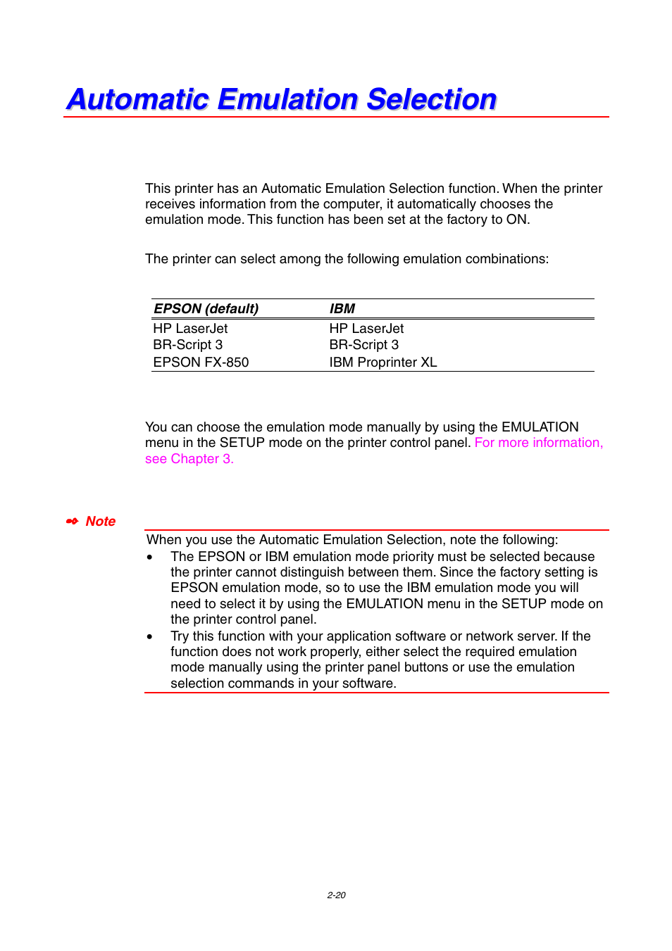 Automatic emulation selection, Automatic emulation selection -20 | Brother HL-1800 series User Manual | Page 66 / 204