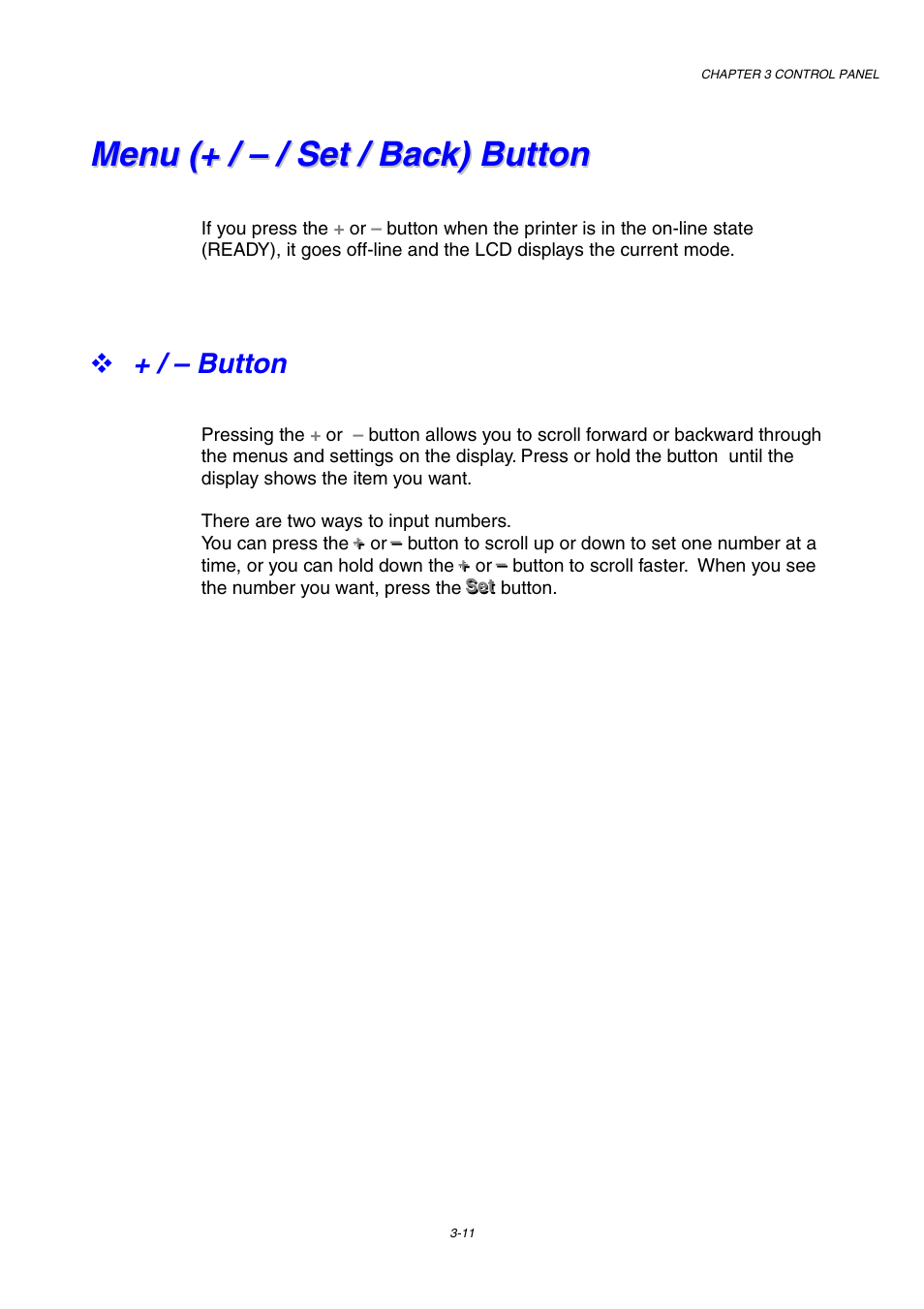 Menu (+ /  / set / back) button, Button, Menu (+ / --- / set / back) button -11 | Button -11 | Brother HL-1800 series User Manual | Page 79 / 204