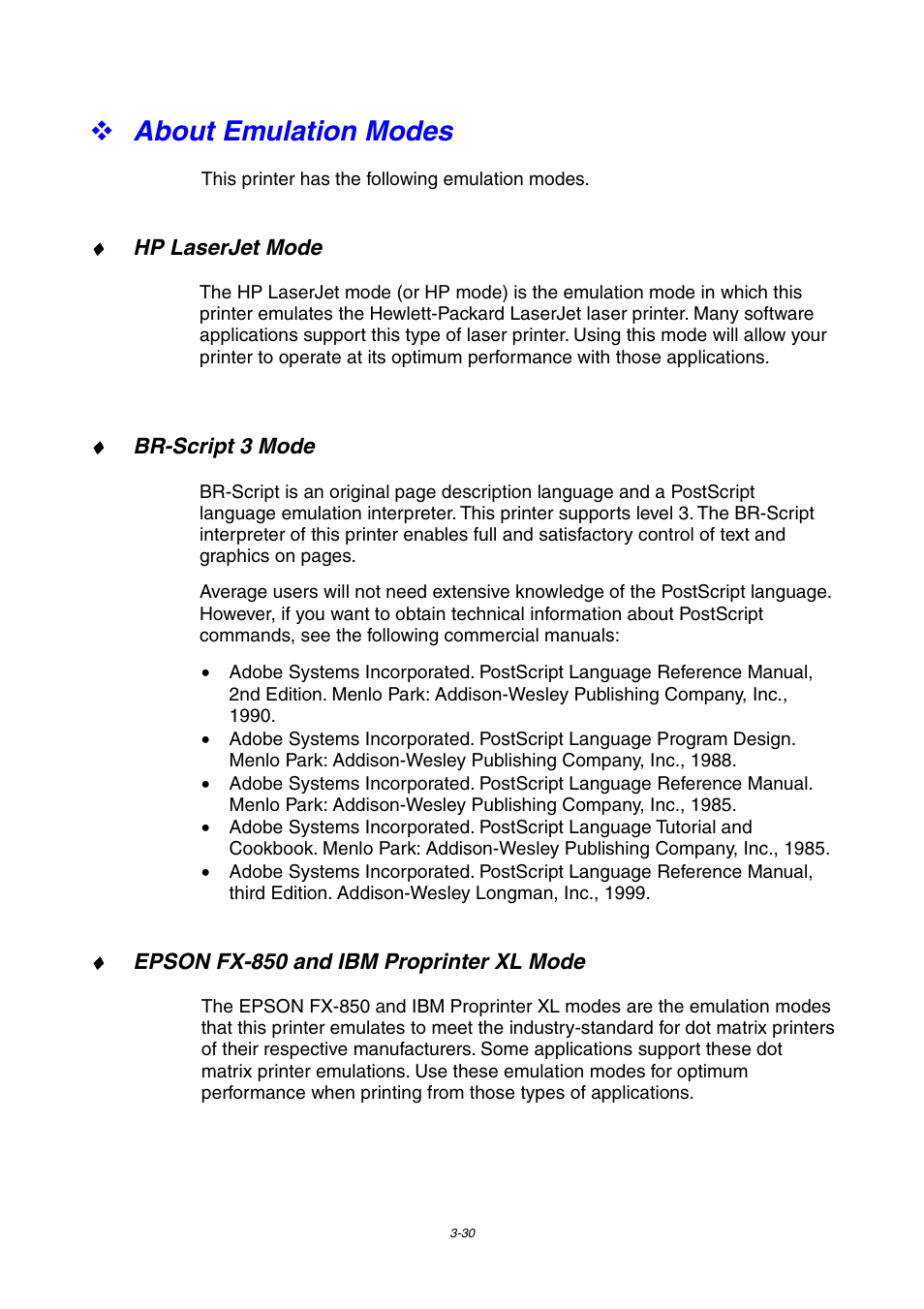 About emulation modes, About emulation modes -30 | Brother HL-1800 series User Manual | Page 98 / 204