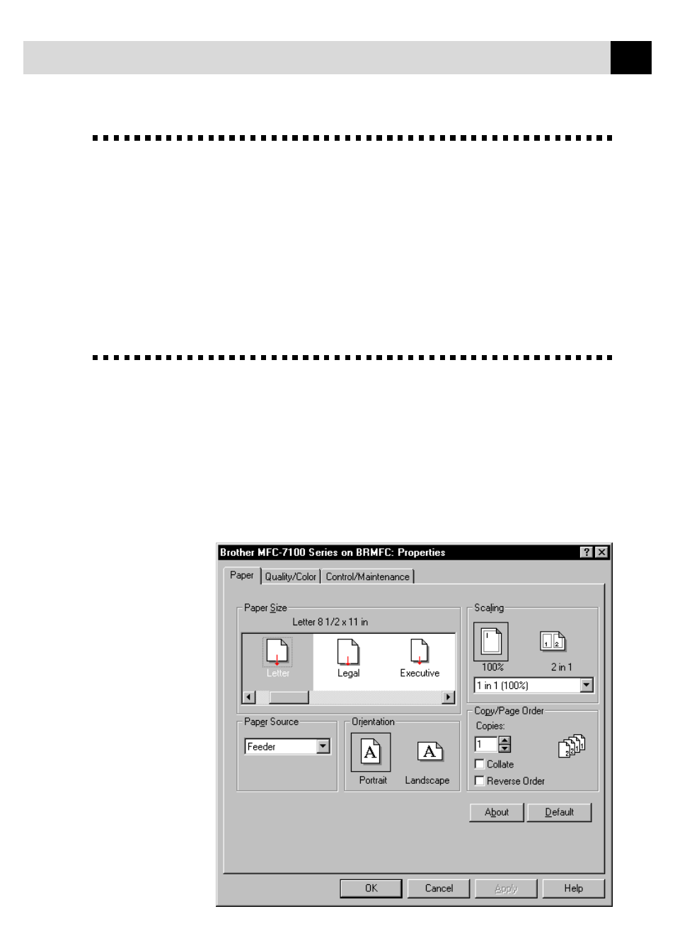Using the brother mfc-7100 series printer driver, The paper tab | Brother MFC7150C User Manual | Page 164 / 275