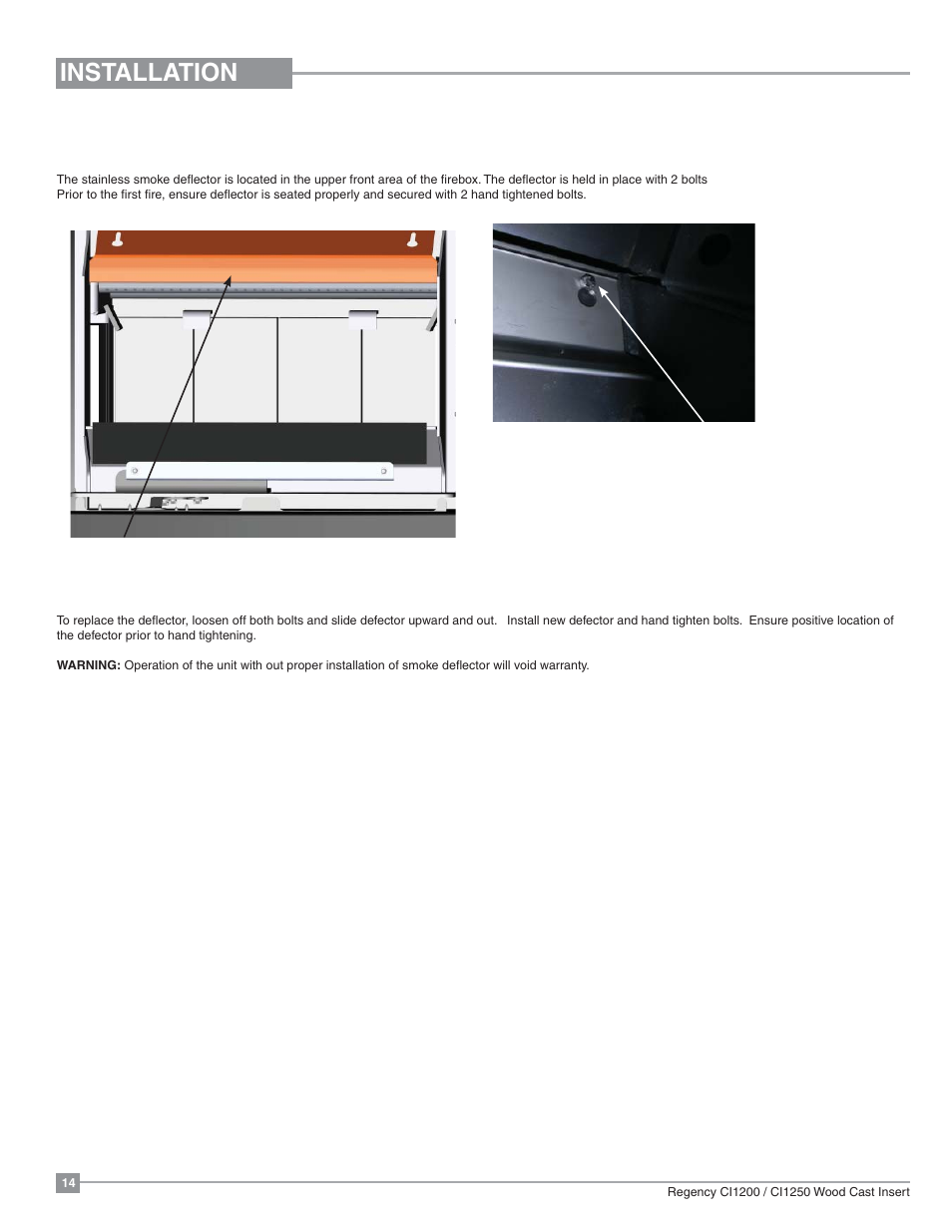Installation, Stainless steel smoke deflector installation | Regency Alterra CI1250 Small Wood Insert User Manual | Page 14 / 32