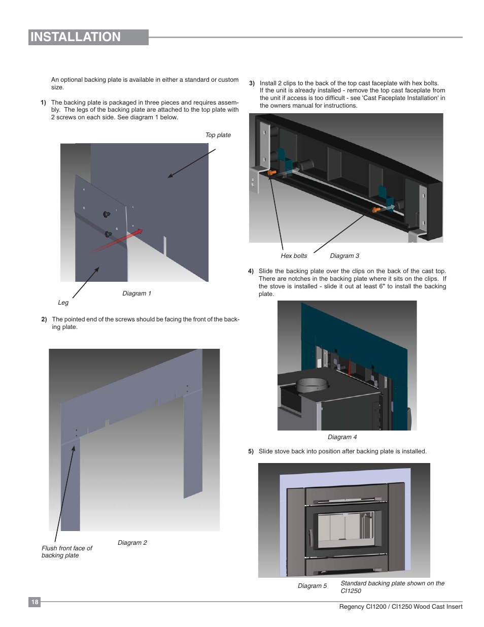 Installation, 3 piece backing plate installation | Regency Alterra CI1250 Small Wood Insert User Manual | Page 18 / 32